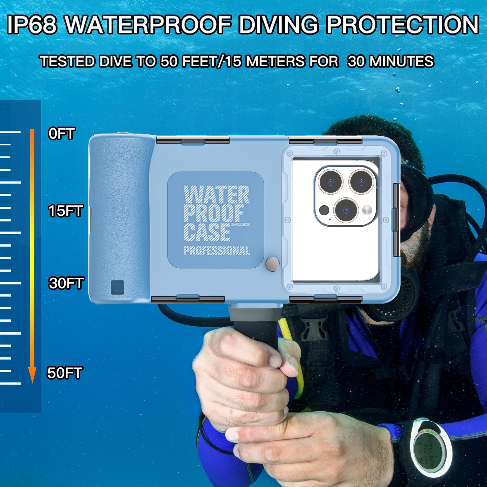 **Waterproof Phone Case for iPhone 16/15/14/13/12/11 Pro Max/XR/XS & Samsung Galaxy S24/S23/S22/S21 - Universal Underwater Snorkeling & Diving Case for Scuba Photography & Videos (Blue) - Perfect for Beach, Pool & Water Sports**