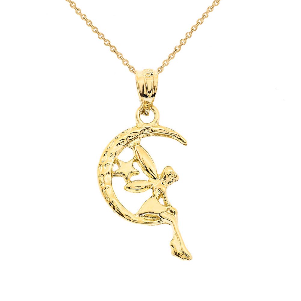 10K Gold Tinkerbell Moon Charm Necklace - Fairy Tale Jewelry Gift