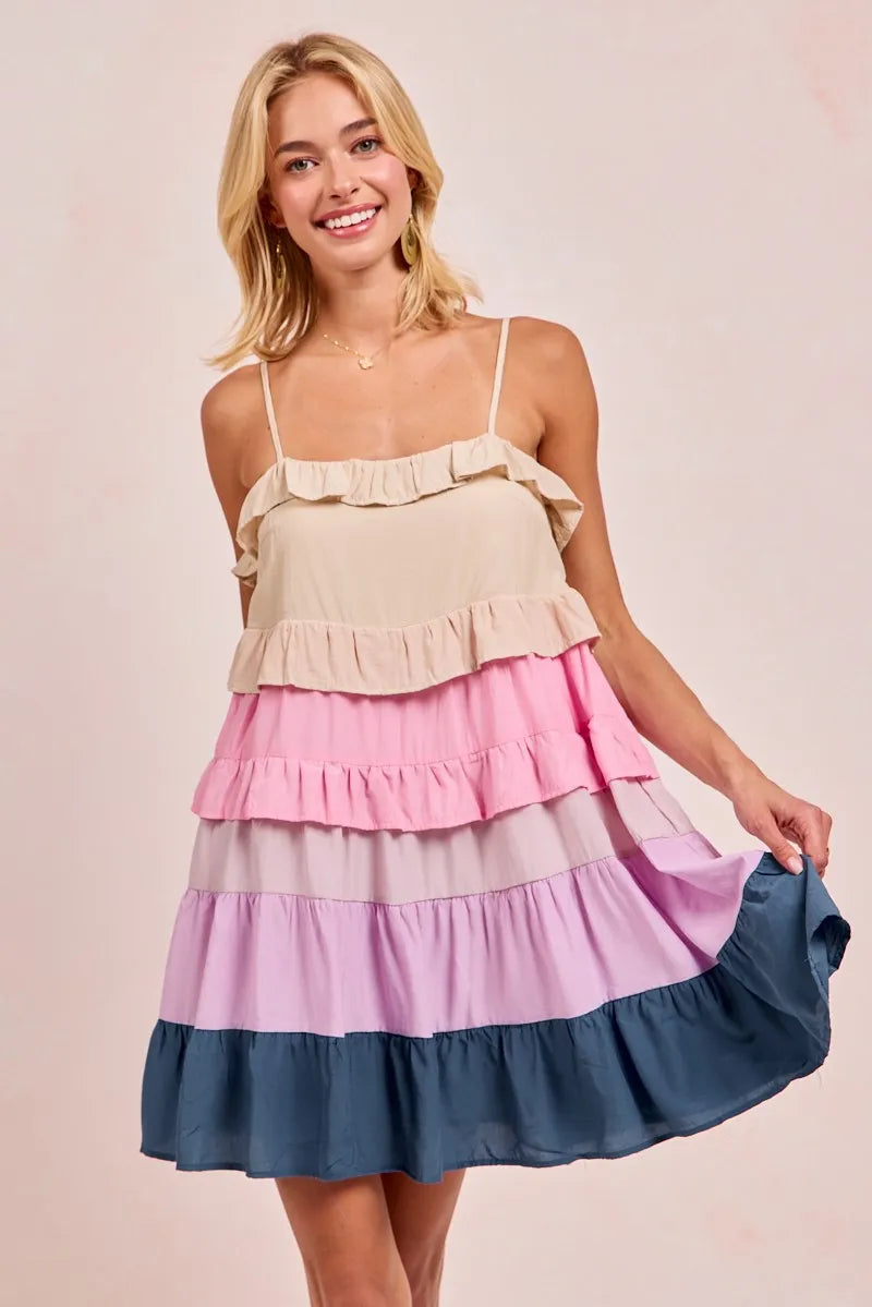 Stylish Color Block Tiered Dress for Women - Trendy Flowy Midi Dress for Casual Outings & Summer Parties