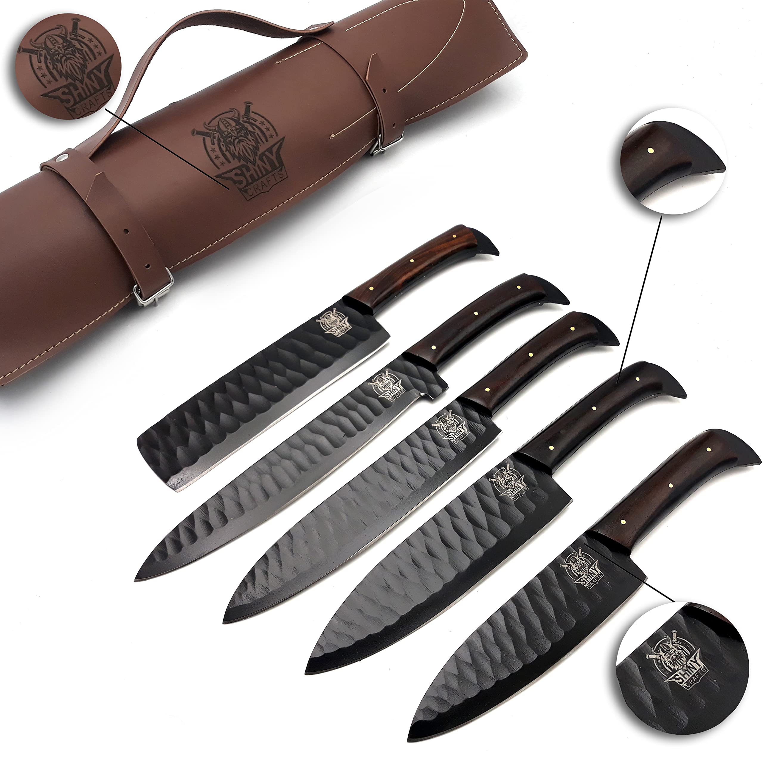 Premium Handmade Damascus Steel Kitchen Knife Set - Forged Black Coated Chef Knives with Walnut Wood Handle & Razor-Sharp Blade, Includes Leather Pouch Roll (CS-13) - Perfect for Professional Chefs, Home Cooking & Culinary Gifts