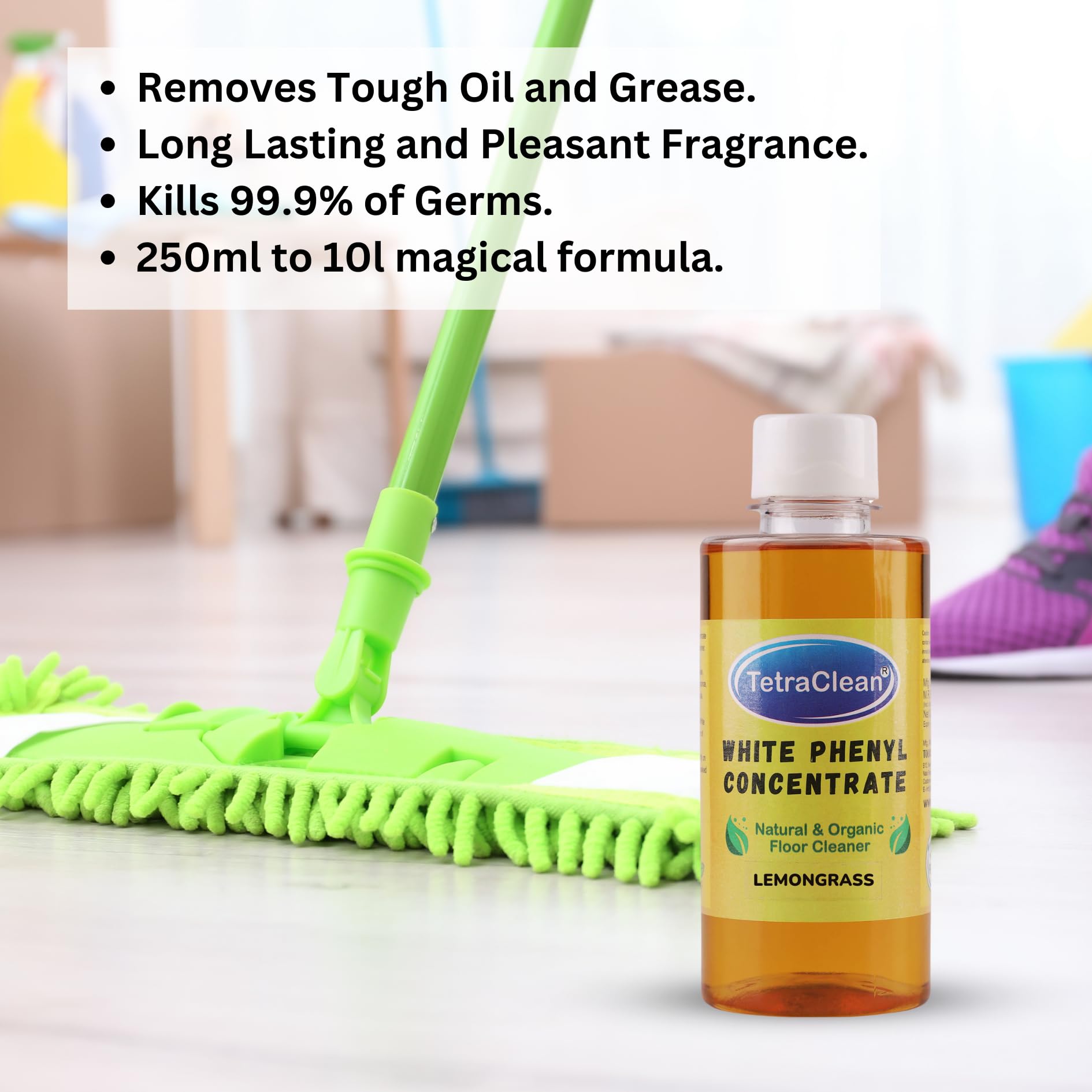 **TetraClean Lemongrass White Phenyl Concentrate 250ml | Natural & Organic Floor Cleaner with Fragrance Oil | Makes 8-10 Liters of Disinfectant | Surface Cleaner & Stain Remover | Ideal for Homes, Offices & Hospitals**