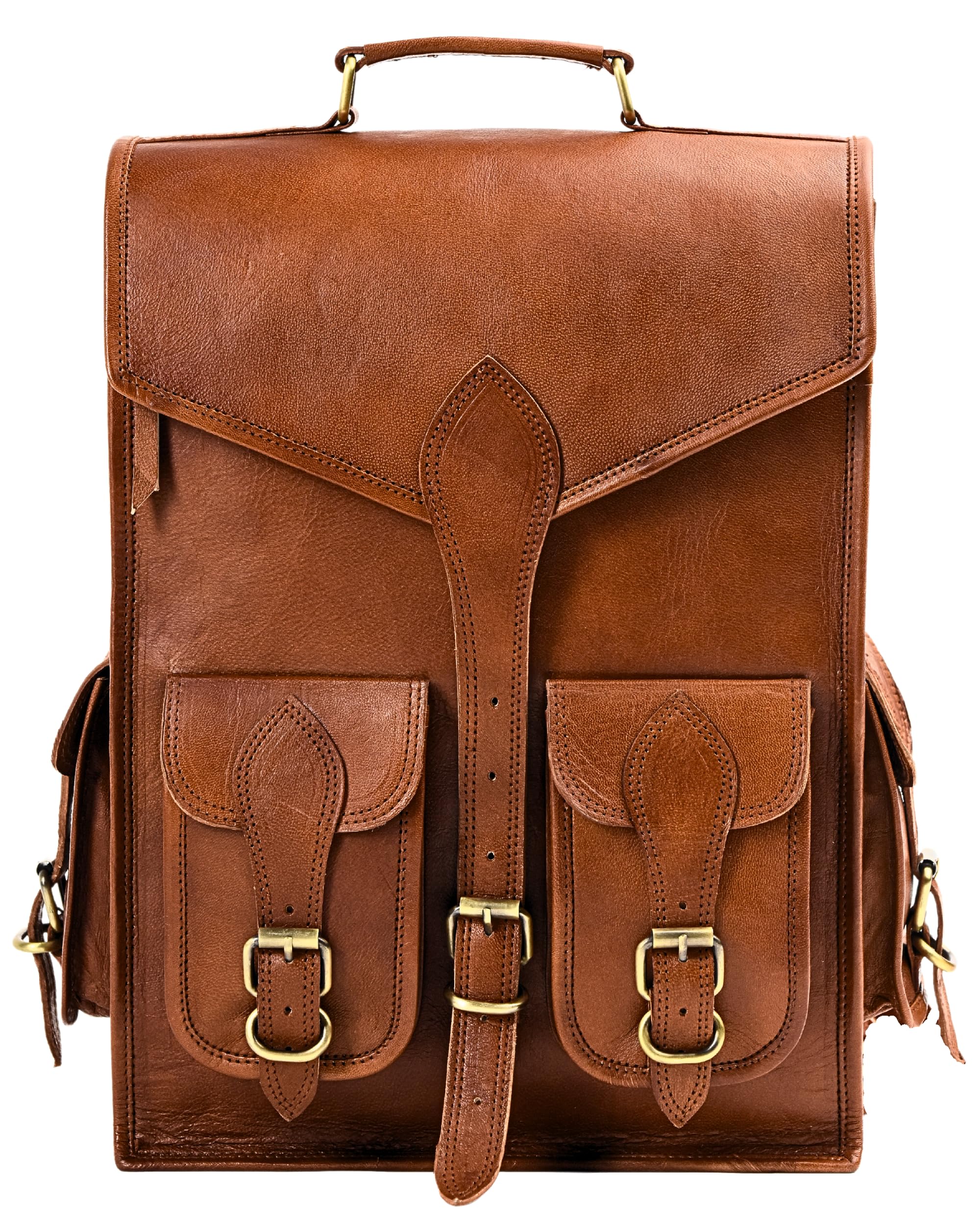 Genuine Leather Backpack for Men & Women - 15 Inch Laptop Bag, Vintage Designer Travel Backpack, Medieval Art Rucksack for College, Work, Hiking & Daily Commute - Durable Brown Leather Bookbag