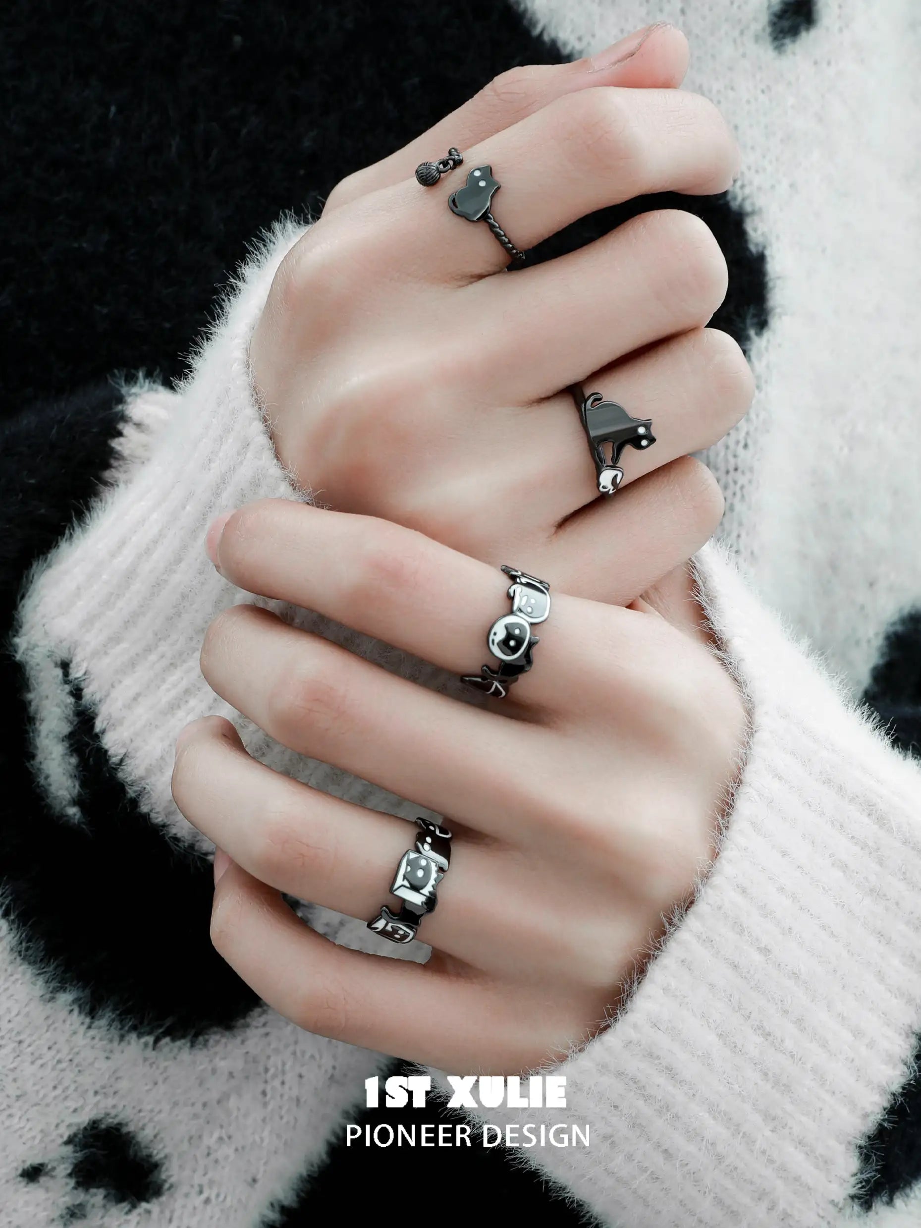Black Cat Ghost S925 Sterling Silver Adjustable Ring for Women - Gothic Jewelry for Halloween, Witchy Aesthetic & Dark Fashion Accessories