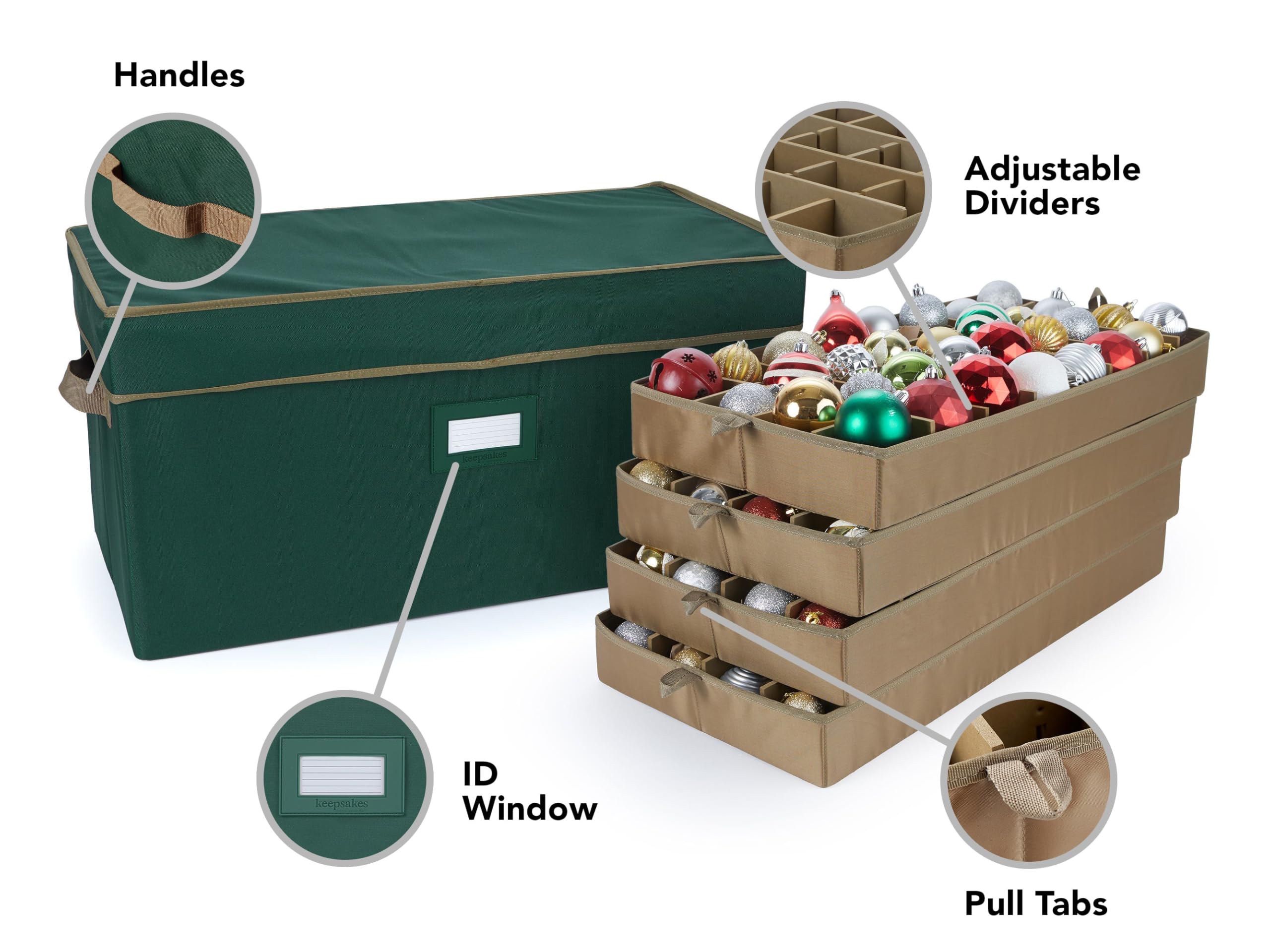Covermates Adjustable Ornament Storage Box with Carrying Handles & Padded Protection - Holiday Decor Organizer for Christmas Tree Decorations, Wreaths & Keepsakes (Green)