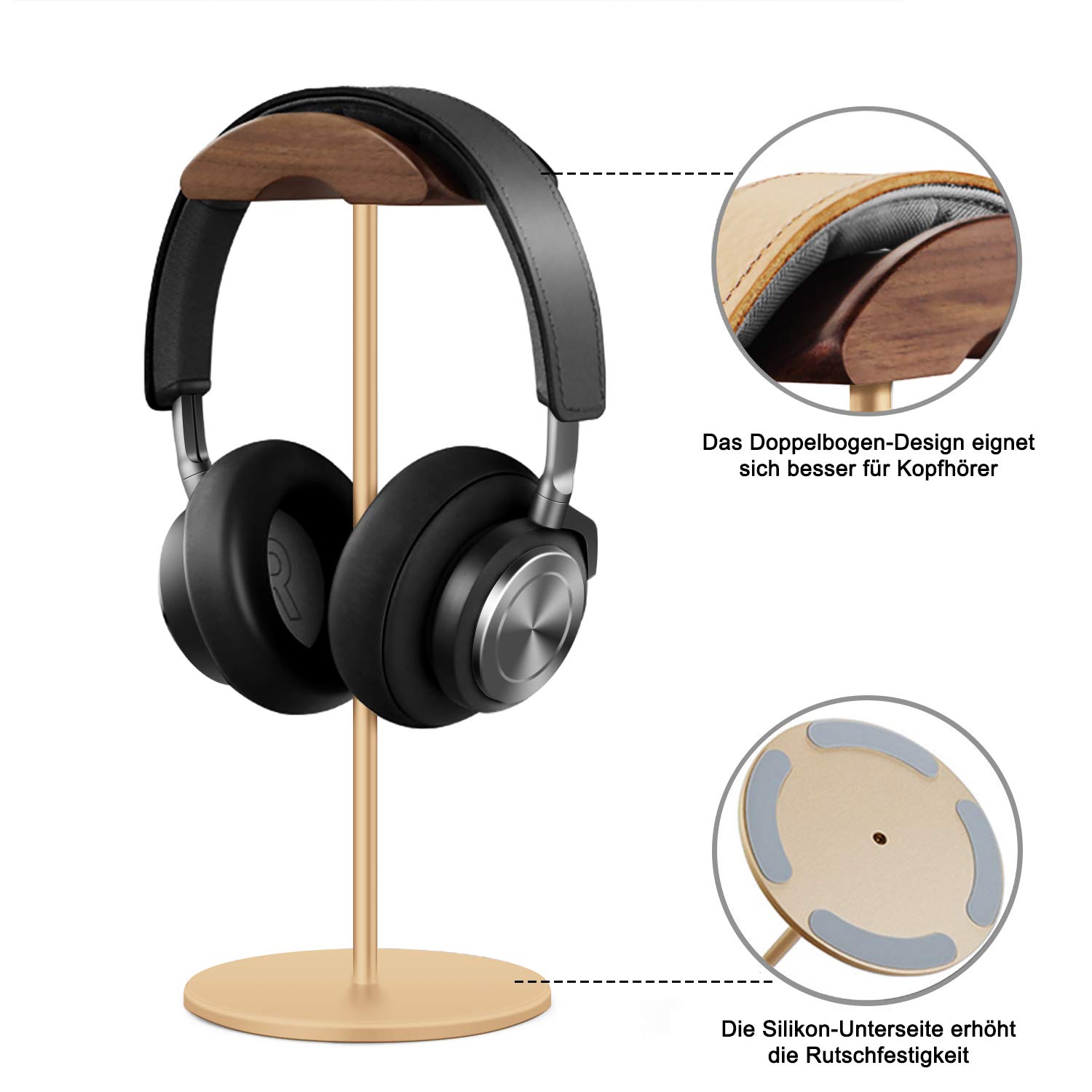 Premium Walnut Wood & Aluminum Headphone Stand - Sturdy Gaming Headset Holder with Heavy Base for All Headphone Sizes (Gold) | Perfect for Desk Organization & Gaming Setup Accessories