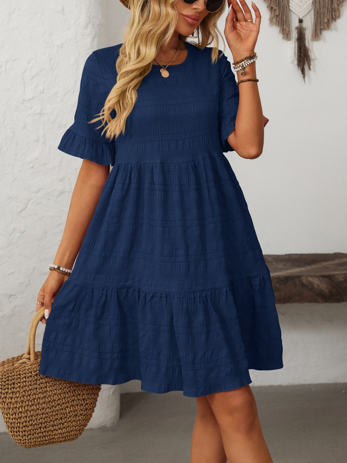 Mandy Women's Ruffled Ruched Round Neck Half Sleeve Casual Dress for Summer, Party, and Date Night