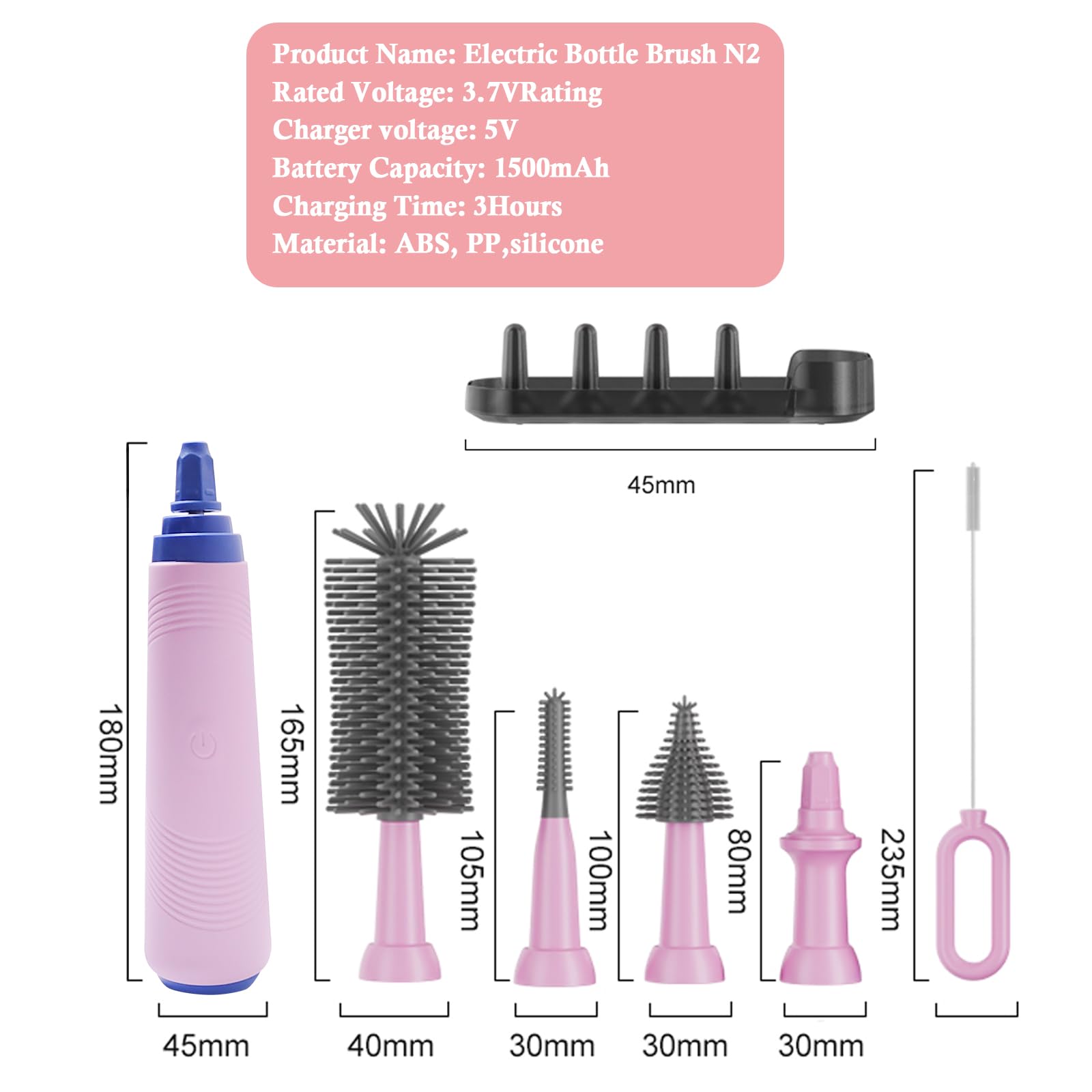 Electric Bottle Brush Set with Extendable Handle - for Water Bottles, Nipples & Straws - Home & Travel Use