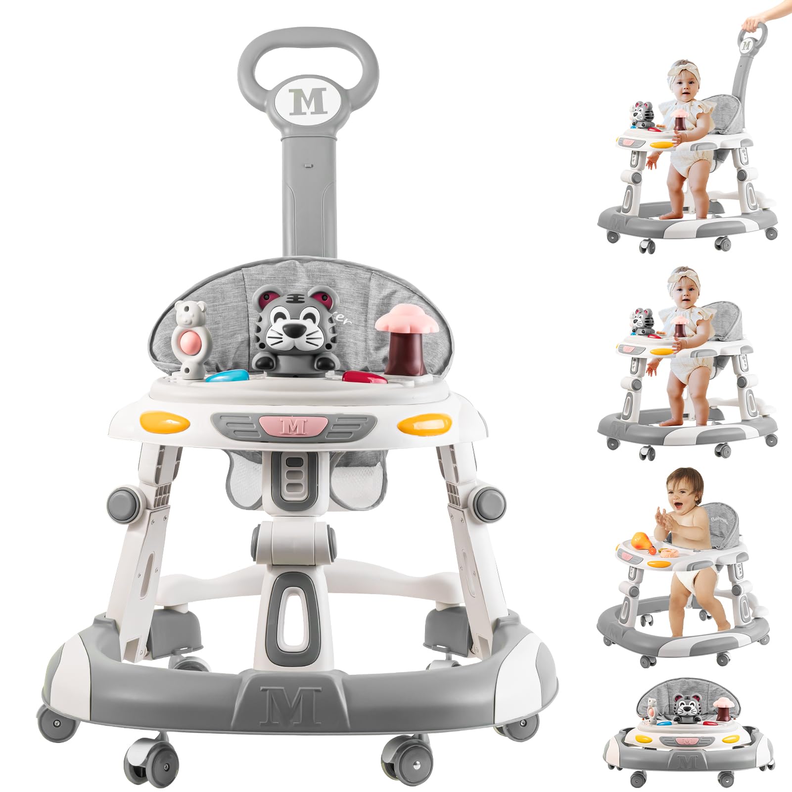 4-in-1 Foldable Baby Walker & Activity Center with Toy Tray - 3-Level Height Adjustable Infant Walker with Wheels for Boys & Girls 6-24 Months (Grey) - Perfect for Learning to Walk, Playtime & Indoor Activities