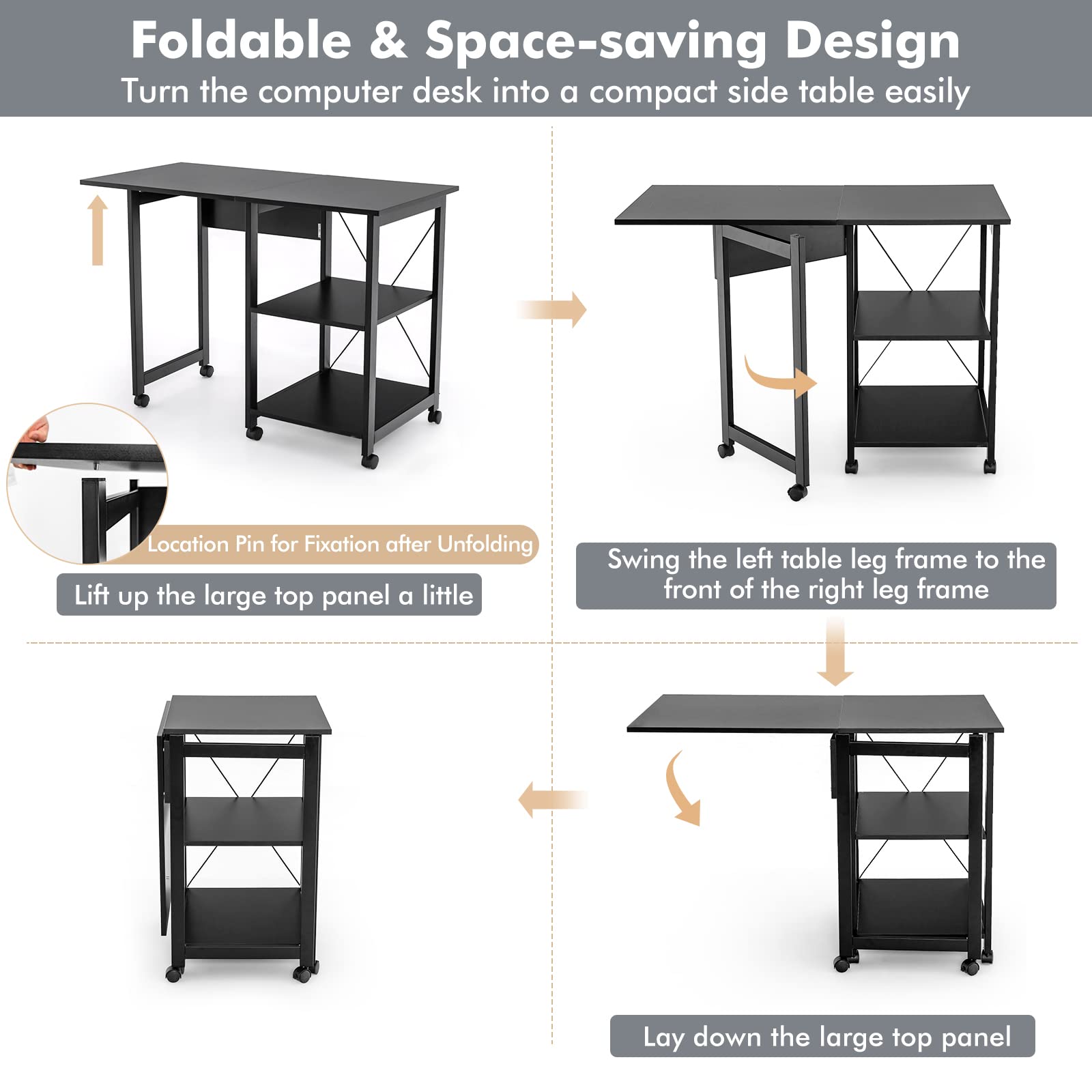 Tangkula Folding Computer Desk with 2-Tier Storage Shelves - Modern Mobile Laptop Workstation with 6 Wheels, Space Saving Home Office Desk for Small Spaces & Apartments (Black) - Perfect for Remote Work, Study & Compact Living Areas