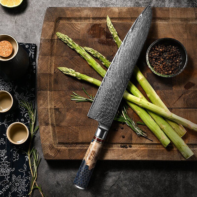 Premium YAMATO VG10 9-Inch Chef's Knife - Japanese Stainless Steel Blade with Olive Burl Wood & Honeycomb Resin Handle - Perfect for Slicing, Dicing, and Chopping Vegetables, Meat, and Fish in Professional Kitchens and Home Cooking