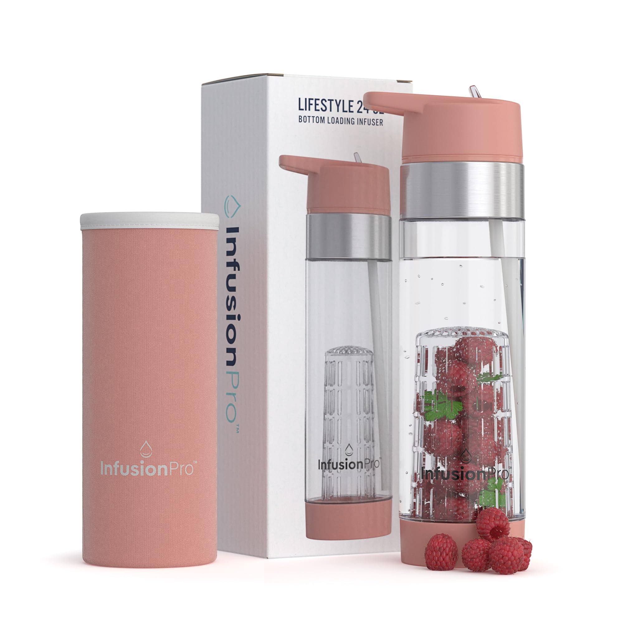 Infusion Pro 24oz Fruit Infuser Water Bottle with Flip-Up Straw, Insulated Sleeve & Free eBook - Bottom Loading Design for Enhanced Flavor - Perfect for Gym, Hiking and Healthy Hydration - Kauai Sunset Color