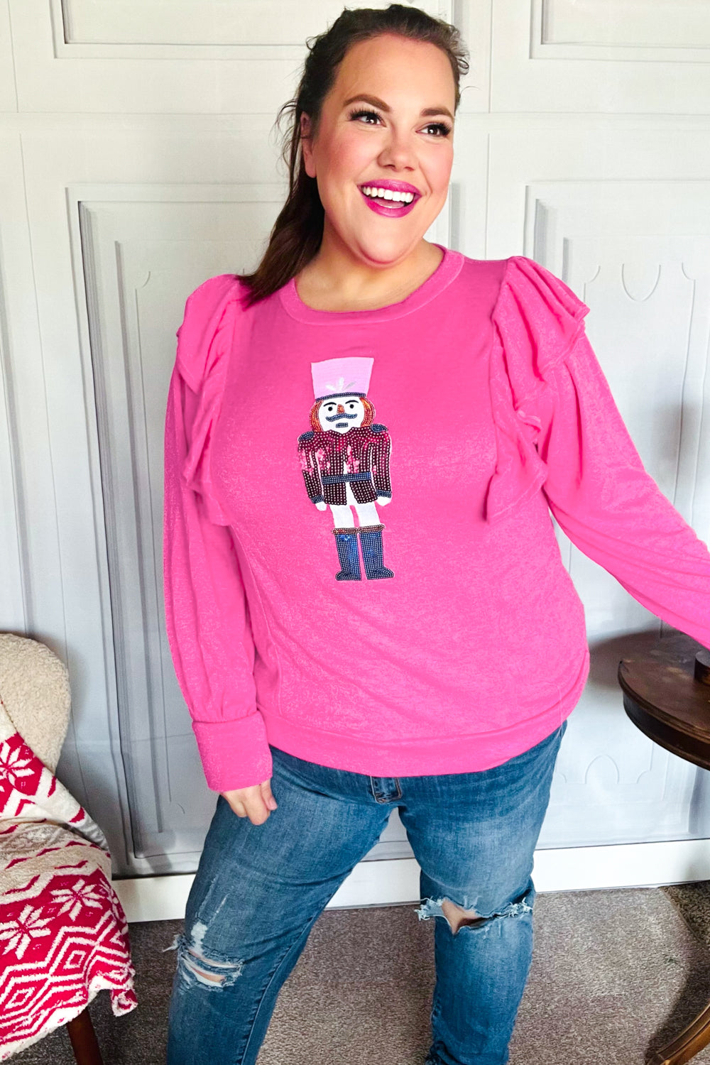 Festive Hot Pink Sequin Nutcracker Christmas Sweater with Ruffle Hacci Knit - Perfect for Holiday Parties, Ugly Sweater Contests & Winter Gatherings