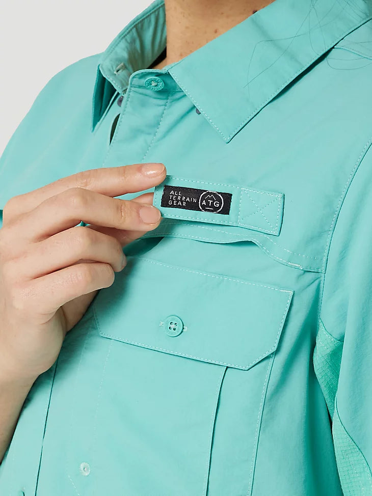 ATG By Wrangler™ Women's Long Sleeve Angler Fishing Shirt - UPF 50+ Sun Protection, Quick-Dry & Breathable - Turquoise Blue for Outdoor Activities, Hiking & Camping