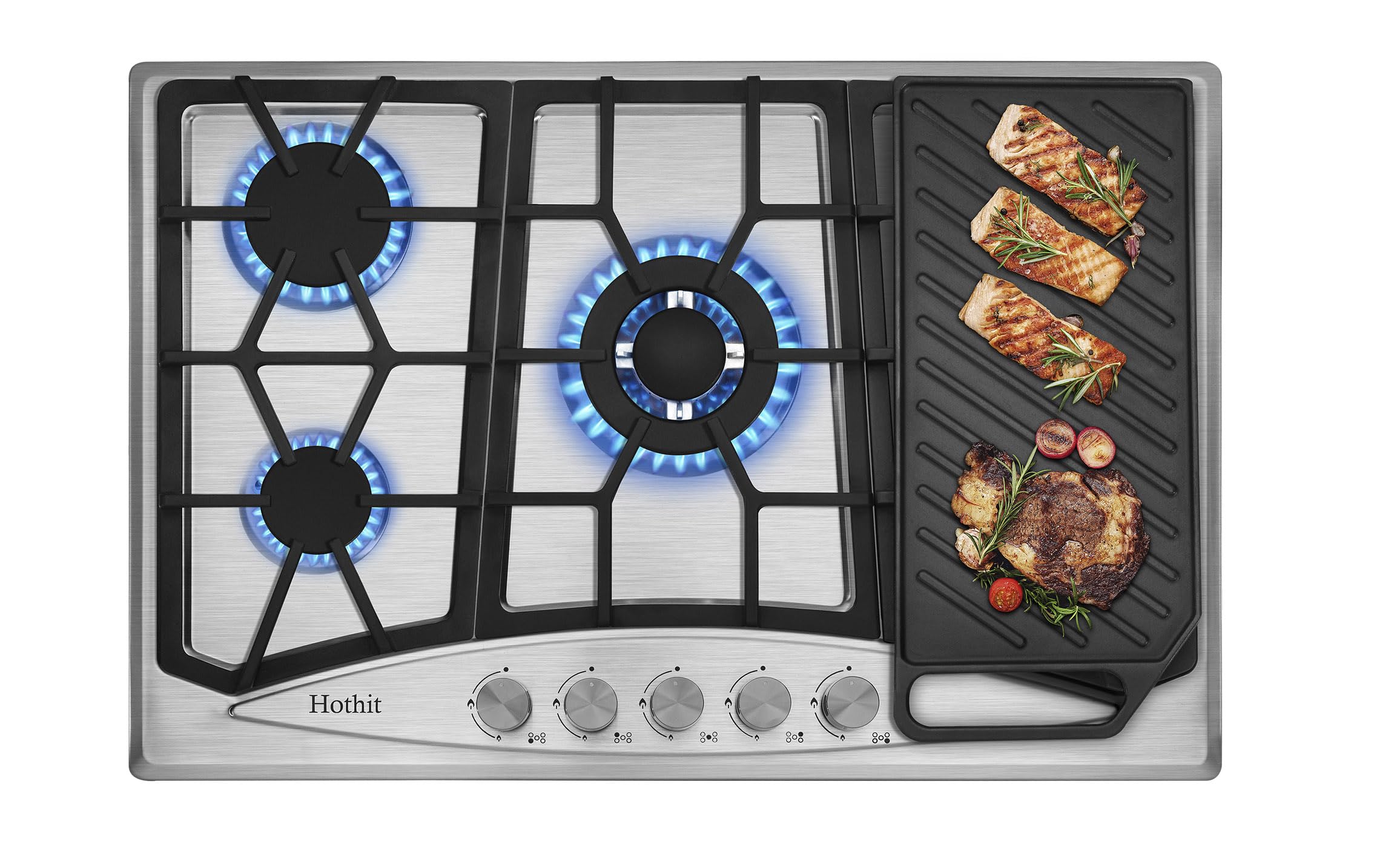 30 Inch 5 Burner Gas Cooktop with Cast Iron Griddle - Natural Gas/Propane Convertible Stove Top for Professional Cooking - Perfect for Home Kitchens, Restaurants & Outdoor BBQ