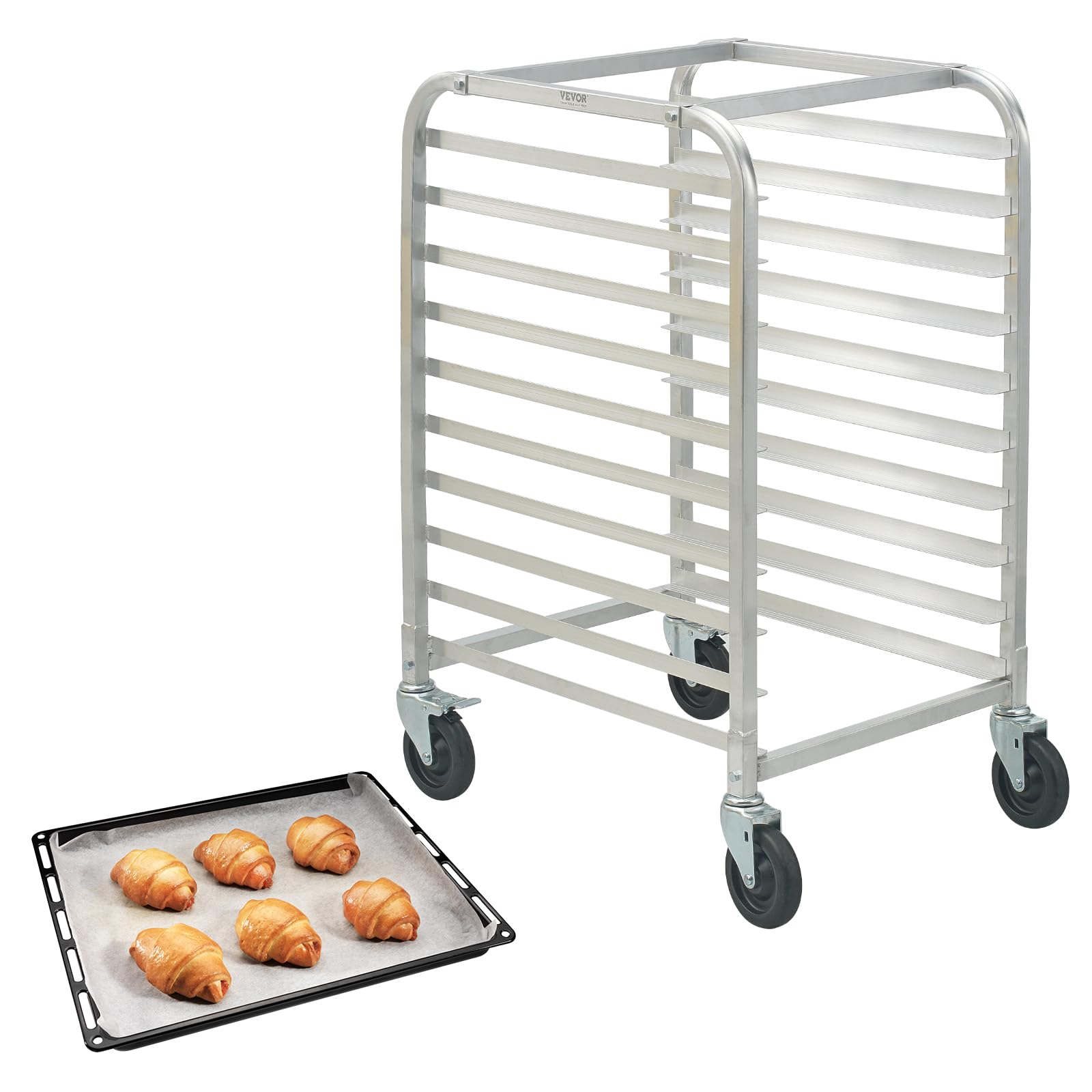 VEVOR 10-Tier Commercial Bun Pan Rack with Brake Wheels - Aluminum Bakery Storage Cart for Half & Full Sheet Pans - Heavy Duty Kitchen Speed Rack for Bread, Pastry, and Baking Equipment (26