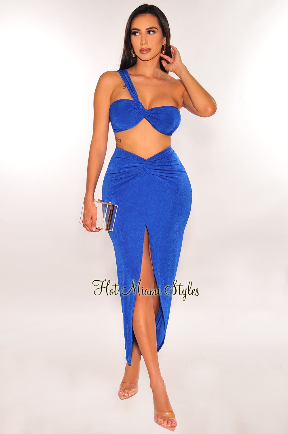 Royal Blue Ribbed One Shoulder Slit Knotted Skirt Two Piece Set - Women's Elegant Outfit for Party, Date Night & Special Occasions