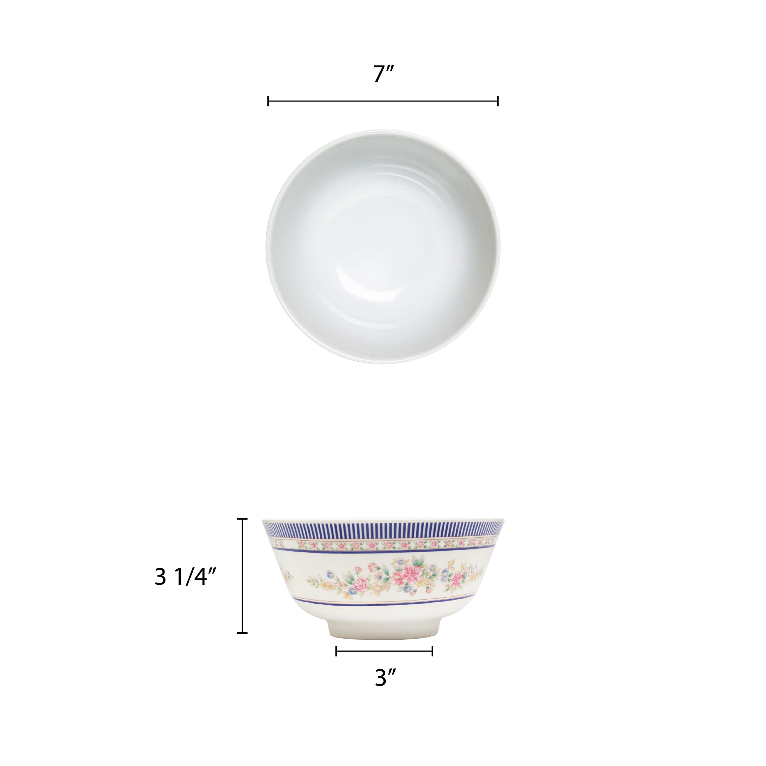 Thunder Group Rose Melamine Dinnerware Set - 39 oz Rice Bowl (7 Inch, Pack of 12) - Durable & Stylish for Restaurants, Picnics, and Outdoor Dining