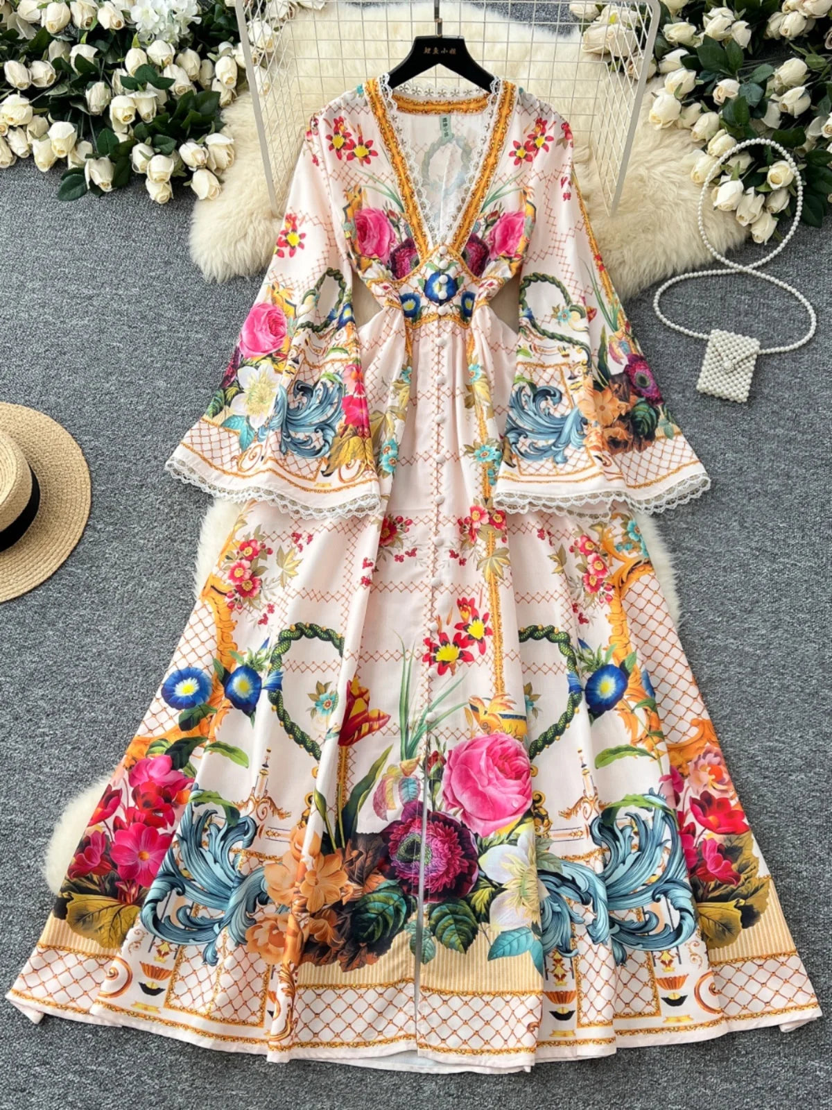 Elegant Floral Long Maxi Dress for Women - Lantern Sleeve, Single Breasted Lace Neckline, National Trench Print - Perfect for Parties, Weddings & Special Occasions