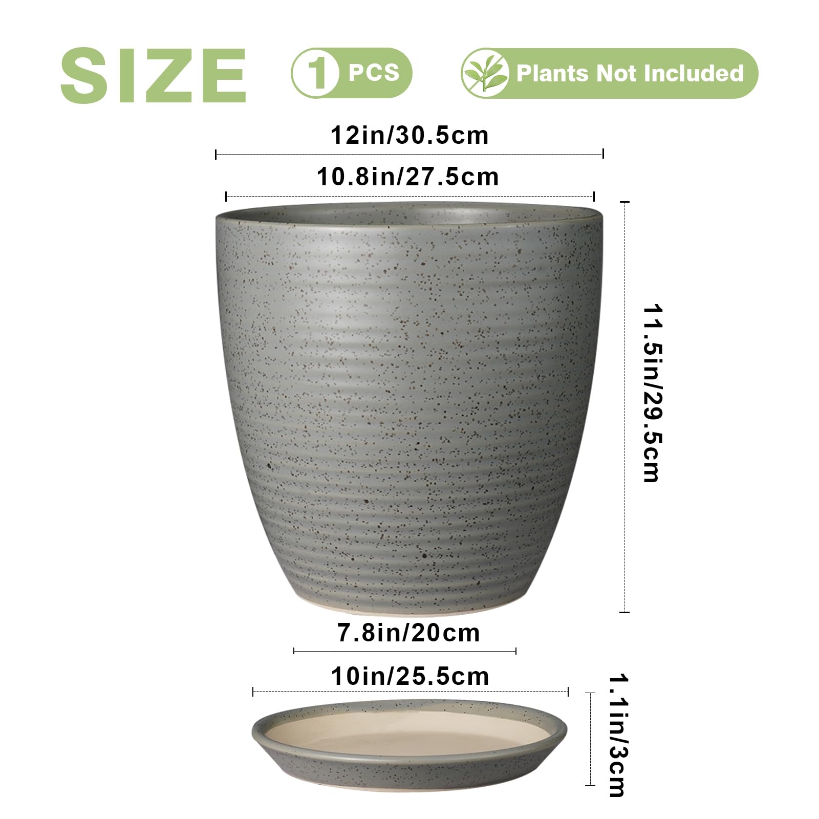12 Inch Ceramic Plant Pot with Drainage Hole & Saucer - Large Round Indoor Flower Planter for Houseplants, Succulents, Herbs - Light Gray Home & Garden Decor for Living Room, Balcony, Office
