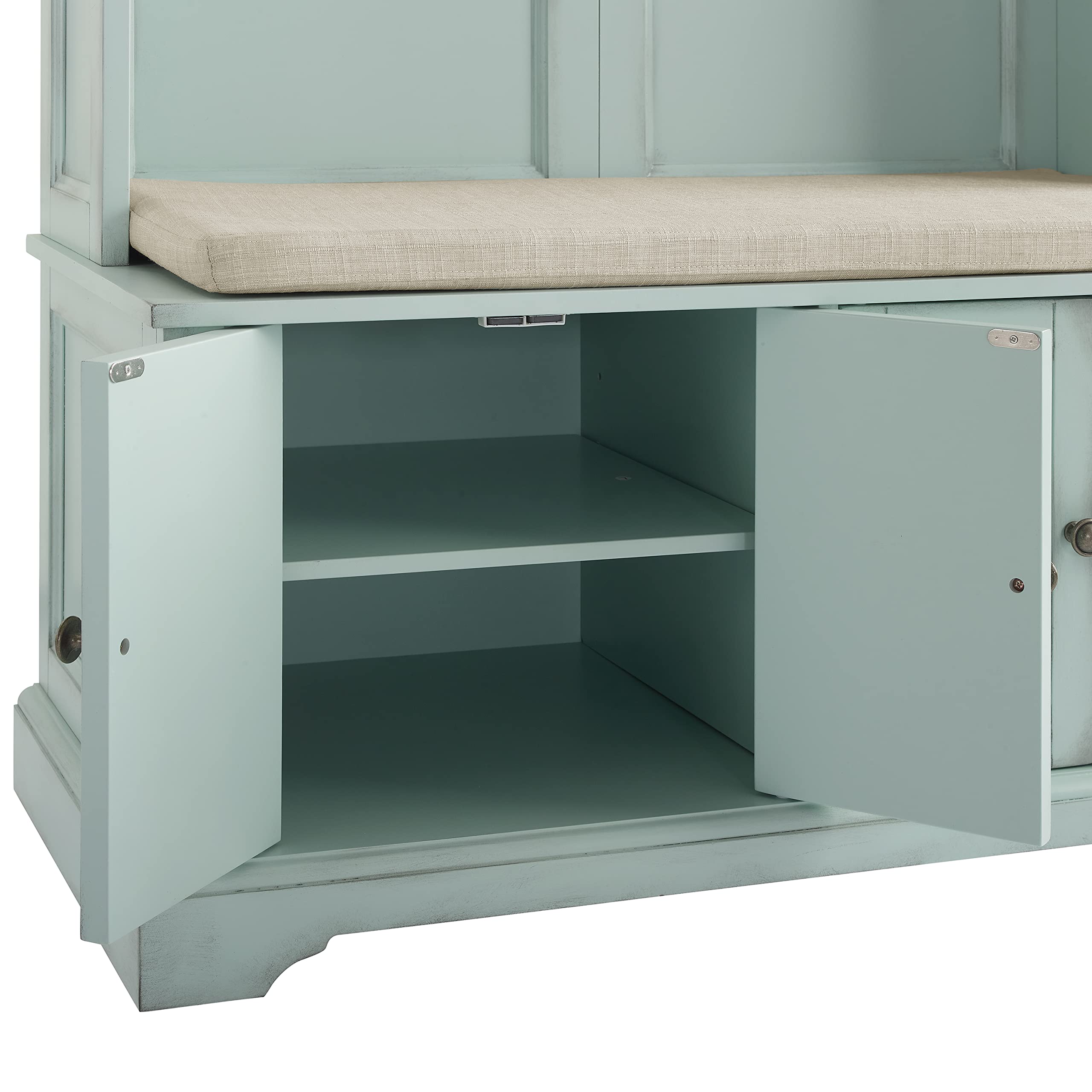 Crosley Holbrook Hall Tree with Shoe Rack, Storage Bench & Coat Hooks | Distressed Seafoam Blue Entryway Organizer | Perfect for Small Spaces, Mudrooms & Farmhouse Decor