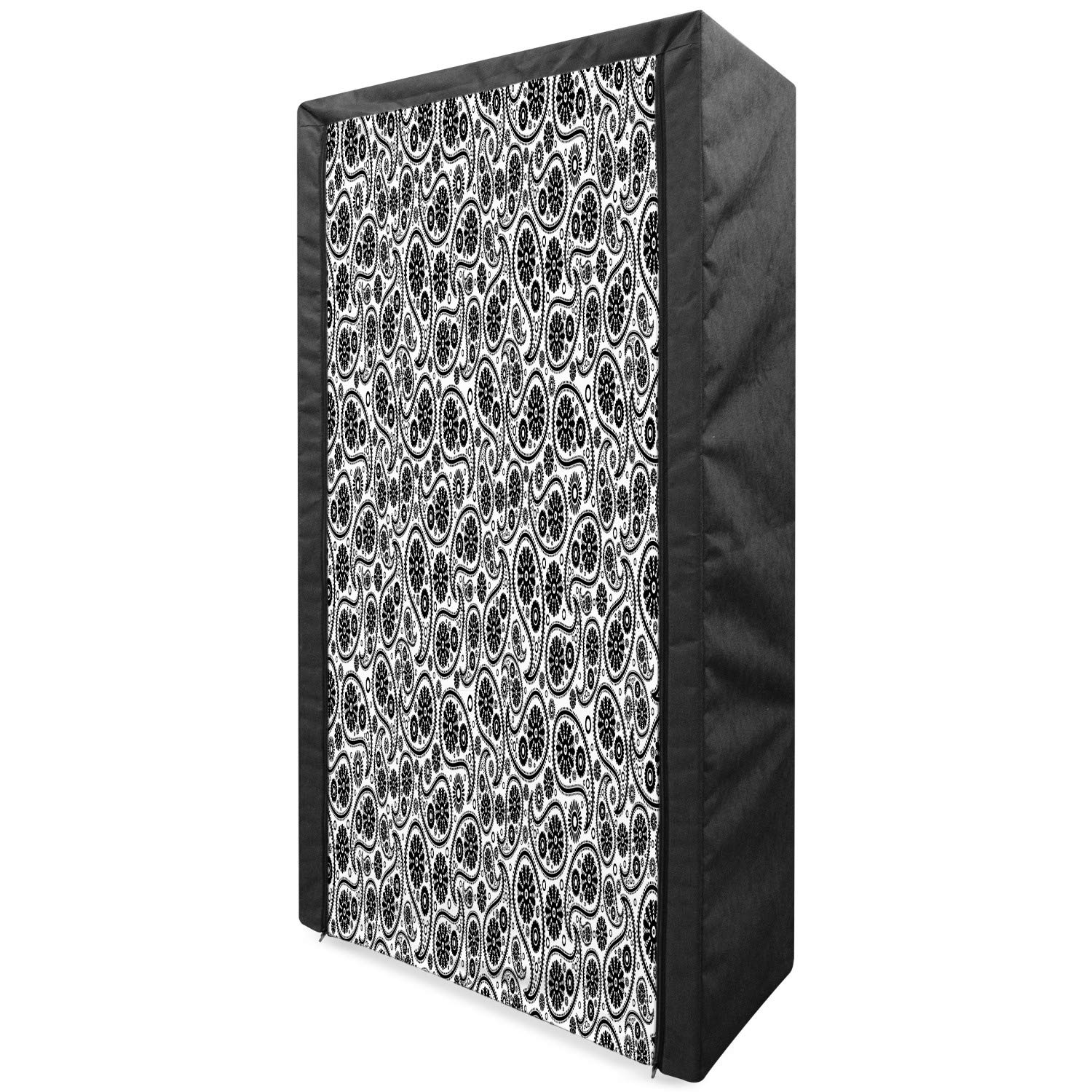 Ambesonne Paisley Portable Fabric Wardrobe - 60s Retro Floral Geometric Pattern Clothing Organizer with Shelves | 33.5 Inch Black & White Storage Closet for Bedroom, Dorm, or Small Space