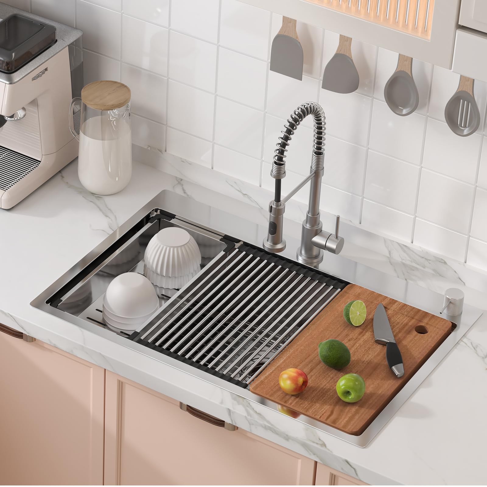 VEVOR 33 Inch 304 Stainless Steel Drop-In Kitchen Sink - Single Bowl Top Mount Sink with Drainboard & Accessories - Perfect for Home Kitchen, RV, Bar Prep & Dishwashing Station - Durable Workstation Sink for Commercial & Residential Use