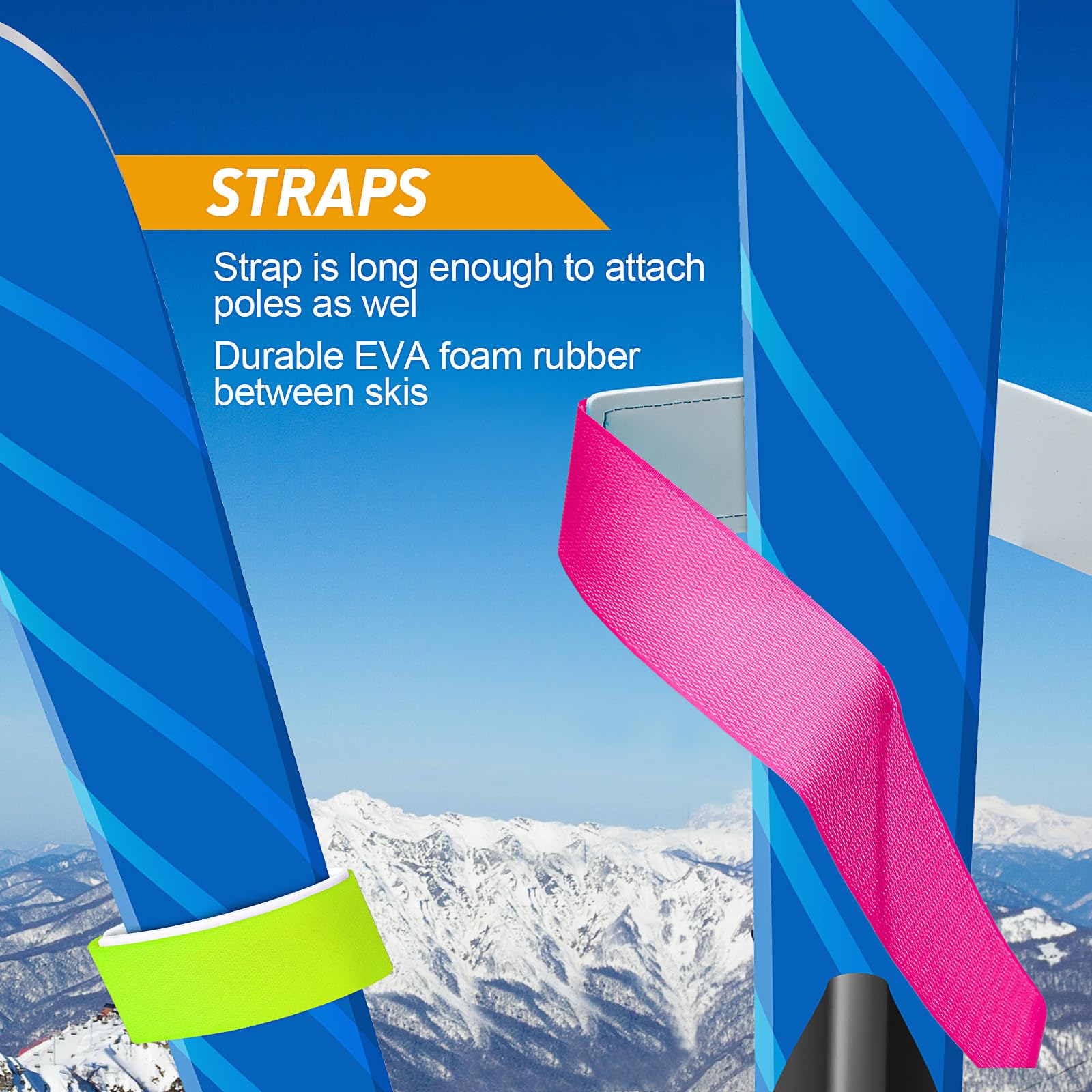 12pcs Adjustable Ski Straps - Heavy Duty Hook & Loop Fasteners with EVA Protector Pads for Ski Equipment, Snowboard, and Winter Sports Gear - Perfect for Carrying Skis, Poles, and Snowboards During Travel or Storage