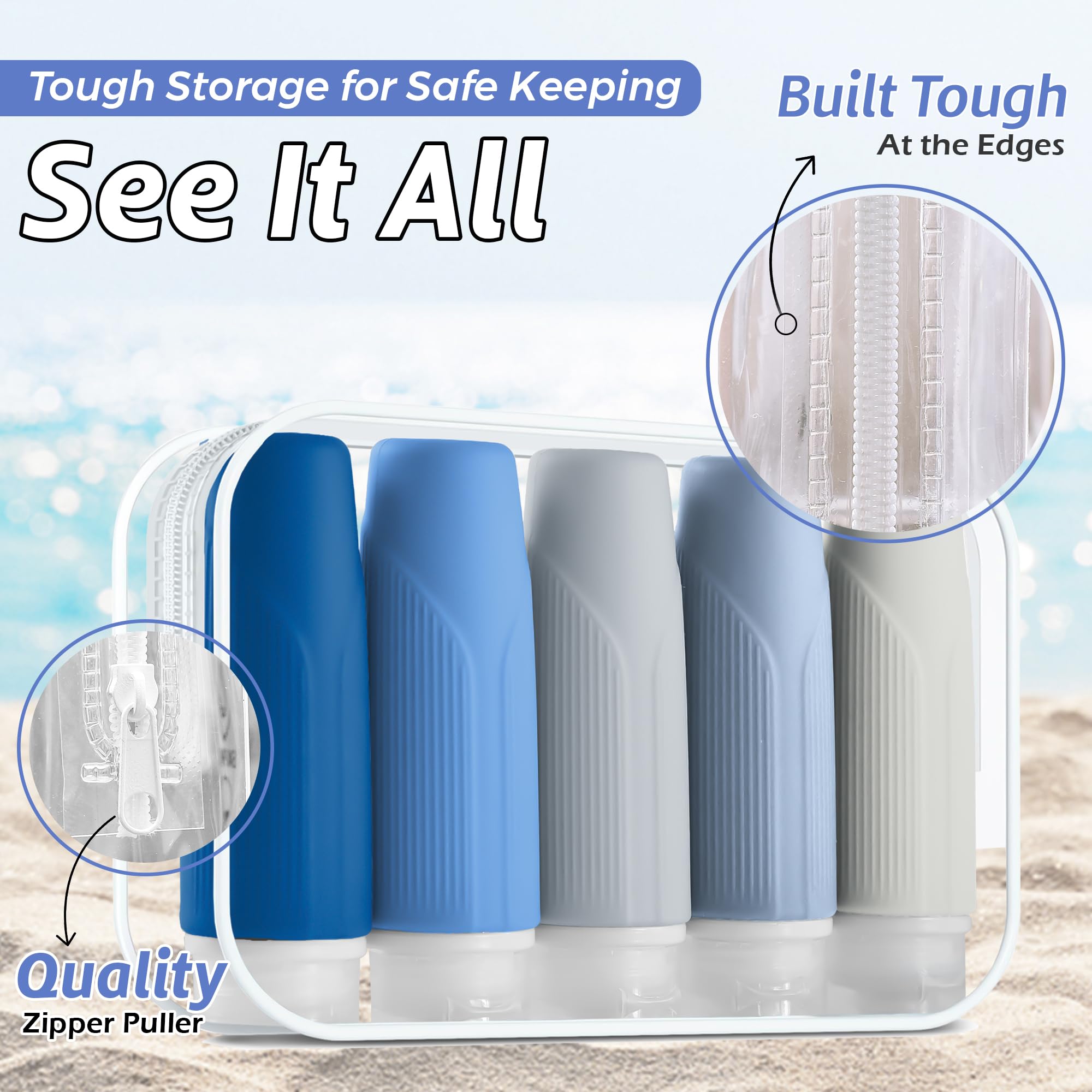 3 Oz Silicone Travel Bottles Set of 5 - TSA Approved Leak Proof Squeezable Toiletry Containers with Zipper Pouch & Labels for Shampoo, Conditioner, Lotion (Blue) - Perfect for Air Travel, Gym, Camping & Vacation Essentials