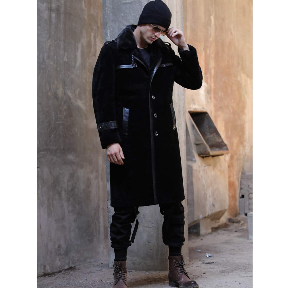 Men's Black Shearling Jacket - Genuine Sheepskin Leather Coat with Mink Fur Collar - Winter Long Trench Coat for Men - Perfect for Cold Weather, Outdoor Adventures & Stylish Urban Fashion