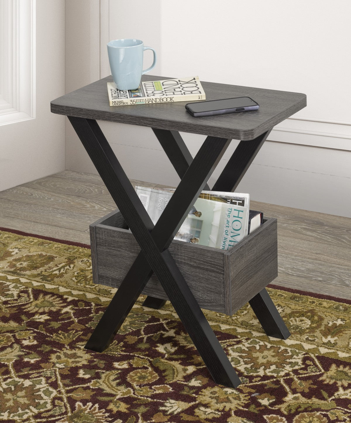 Modern Chairside End Table - Grey & Black Nightstand for Living Room, Bedroom, or Office - Compact Side Table with Sturdy Metal Frame & Wooden Top