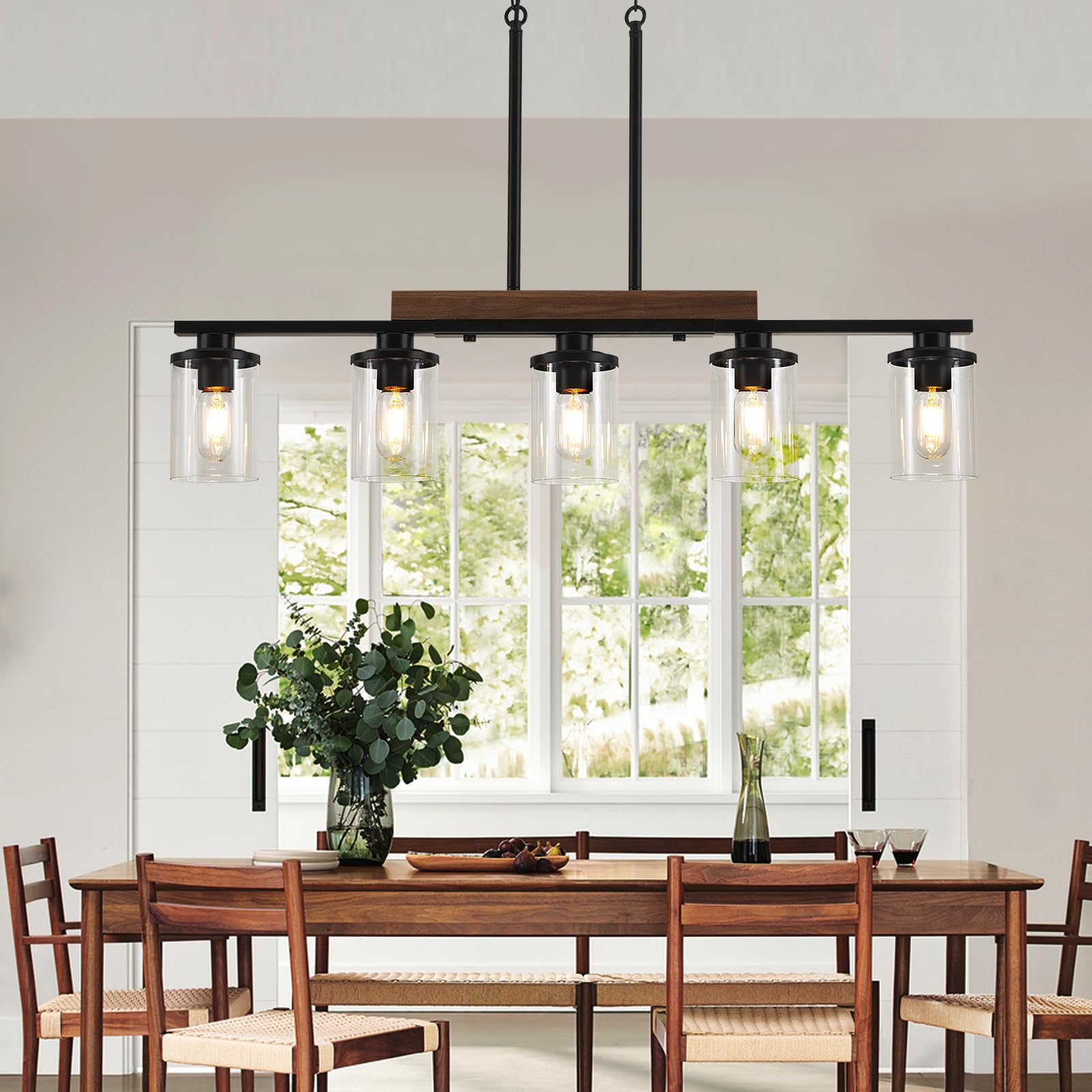 5-Light Black Modern Rustic Wood Ceiling Pendant Light - Farmhouse Chandelier with Clear Glass Shade for Kitchen Island & Dining Room Lighting | Perfect Over Tables in Rustic, Industrial & Farmhouse Decor