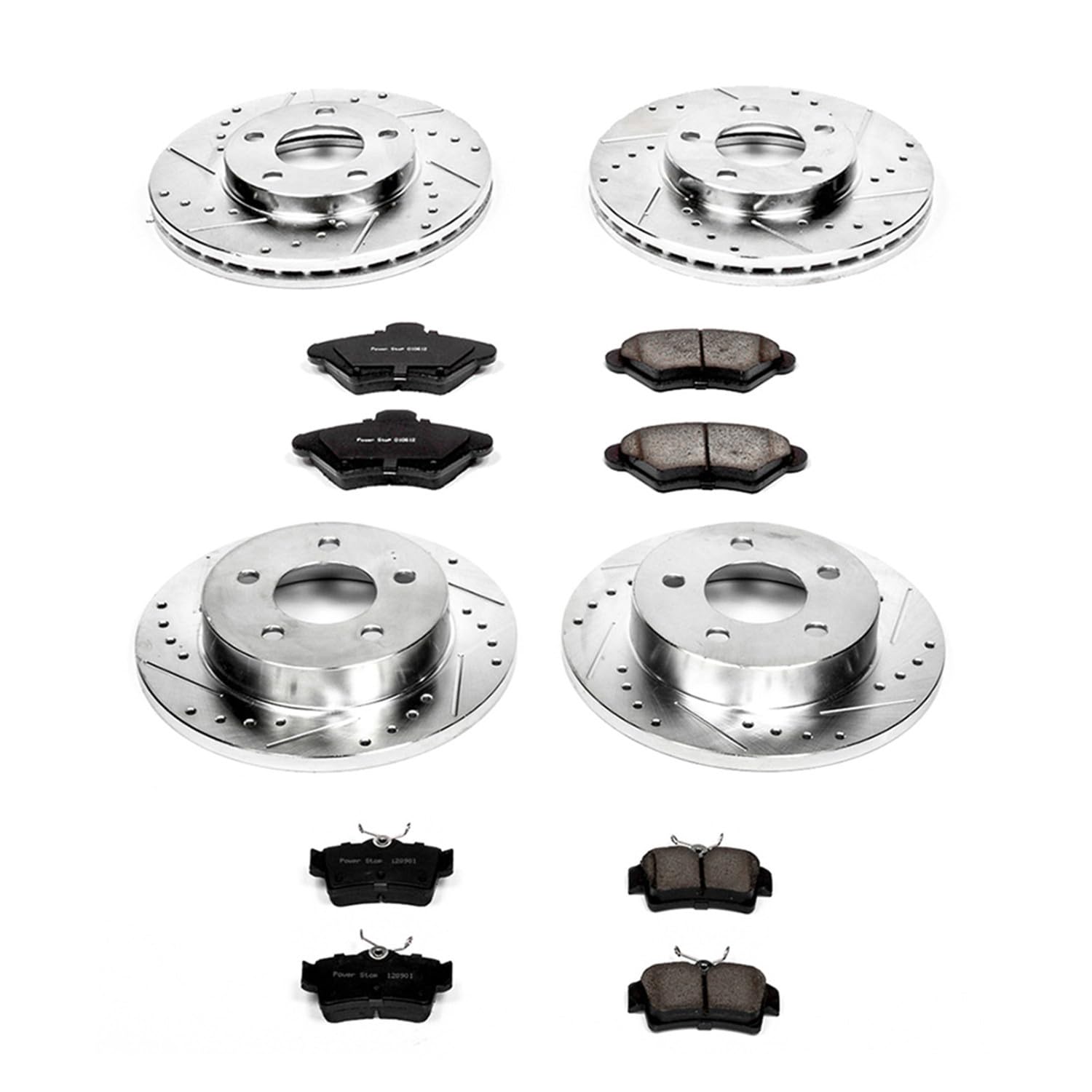 Power Stop K1300 Z23 Carbon Fiber Brake Pads & Drilled Slotted Rotors Kit - Compatible with 1994-1998 Ford Mustang | High-Performance Braking for Street & Track Use