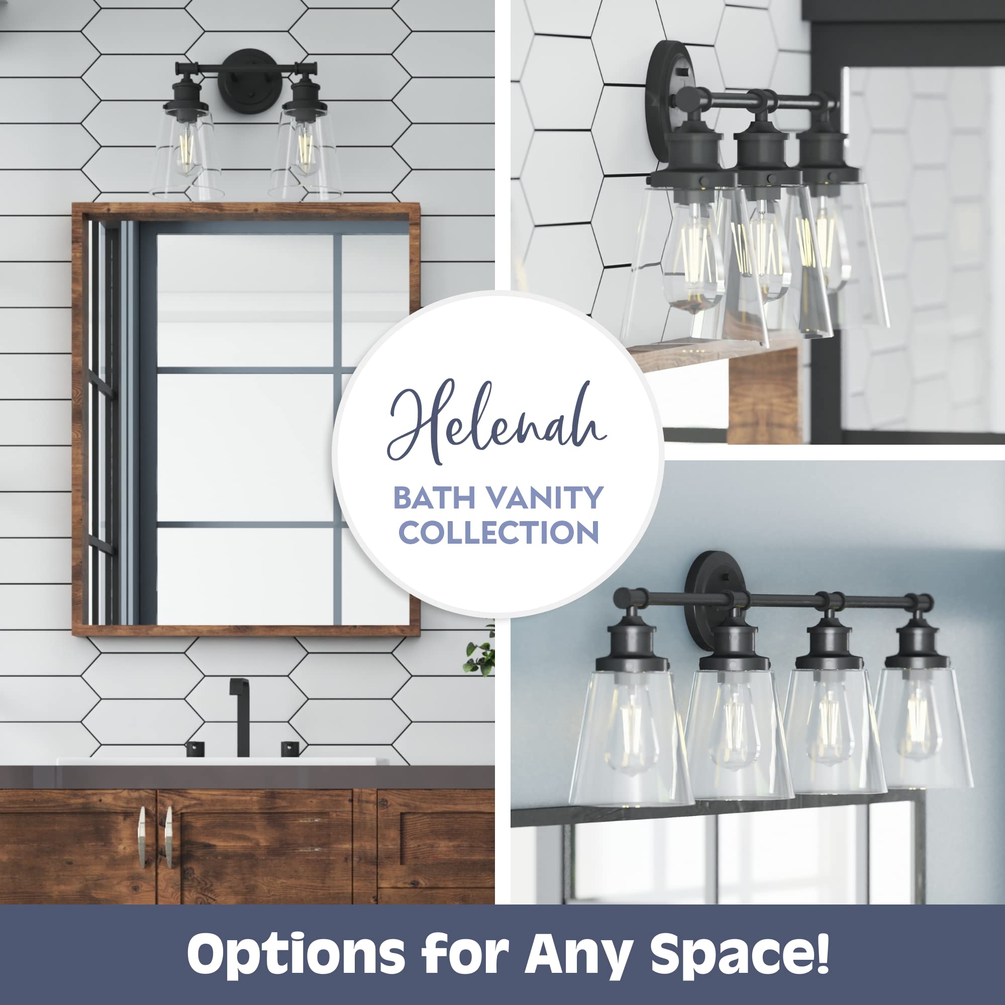 Prominence Home Helenah 2-Light Matte Black Bathroom Vanity Light Fixture with Clear Glass Shades - 51561-01 | Modern Lighting for Bathroom, Powder Room & Dressing Area