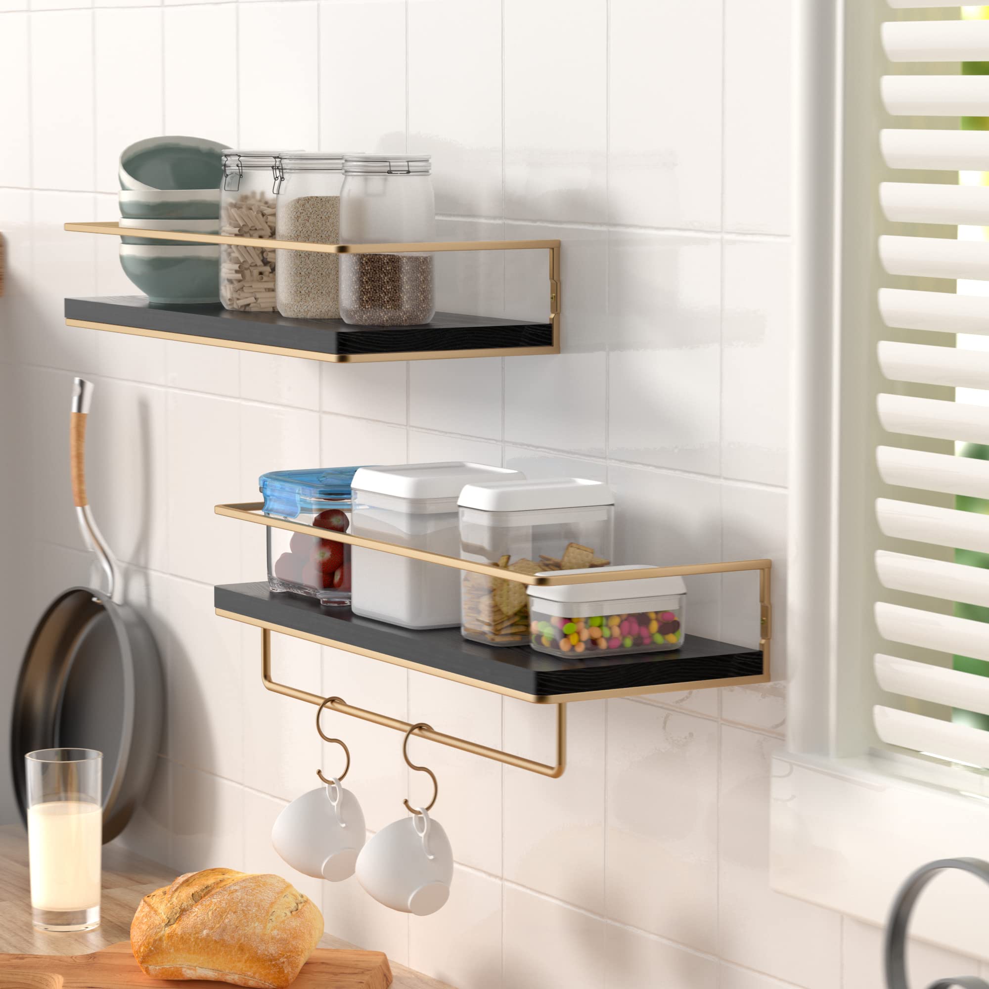 Black Floating Shelves with Gold Towel Rack - Wall Mounted Storage Shelves Set of 2 for Bathroom, Kitchen & Bedroom - Space Saving Home Organization for Towels, Decor & Essentials