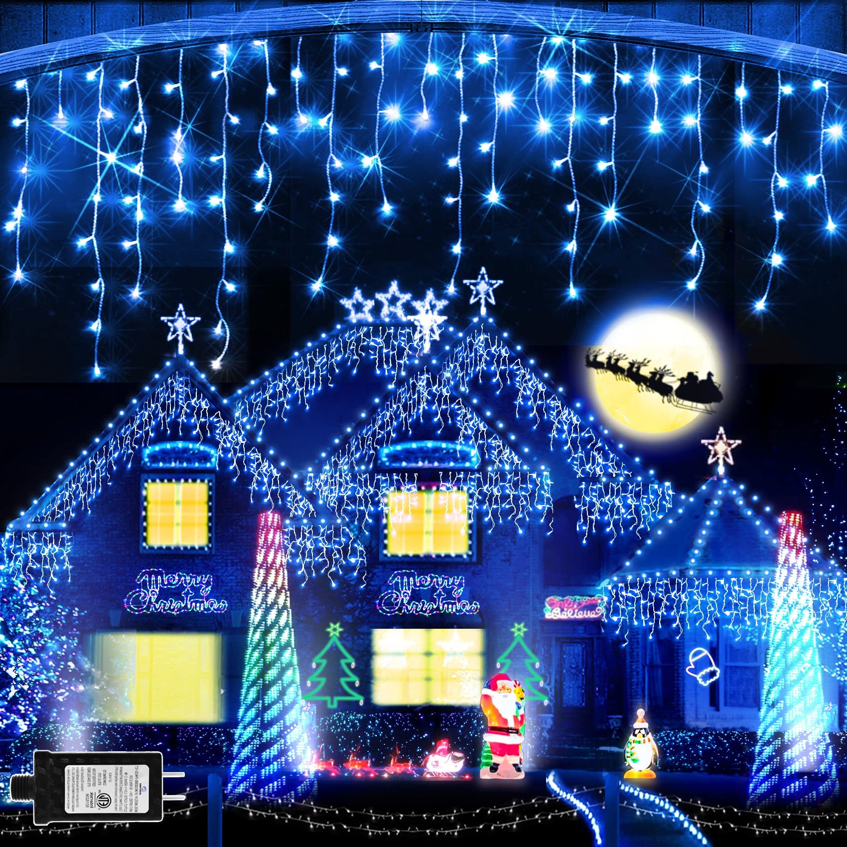 JXLEDAYY 320 LED 33FT Christmas String Lights with 60 Drops - 8 Lighting Modes, Indoor/Outdoor Waterproof Fairy Lights for Holiday Decor, Wedding, Party, Bedroom, Garden & Patio (Blue) | Perfect for Christmas Tree, Window, Wall Decor & Festive Atmosphere