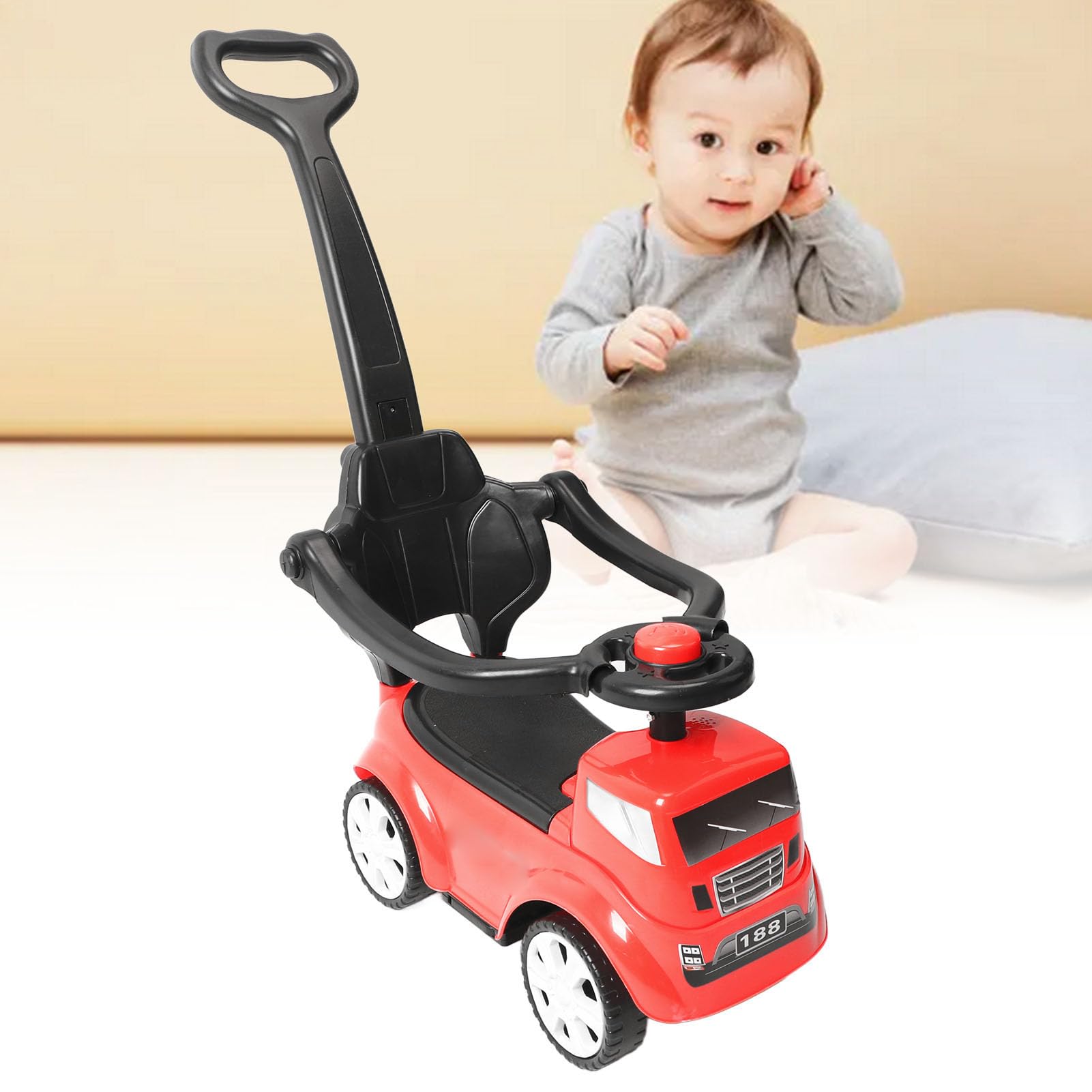 Universal Baby Push Stroller with Steering Wheel - Red Front Wheel Ride-On Buggy for Newborns & Toddlers | Perfect for Outdoor Walks, Park Visits & Shopping Trips