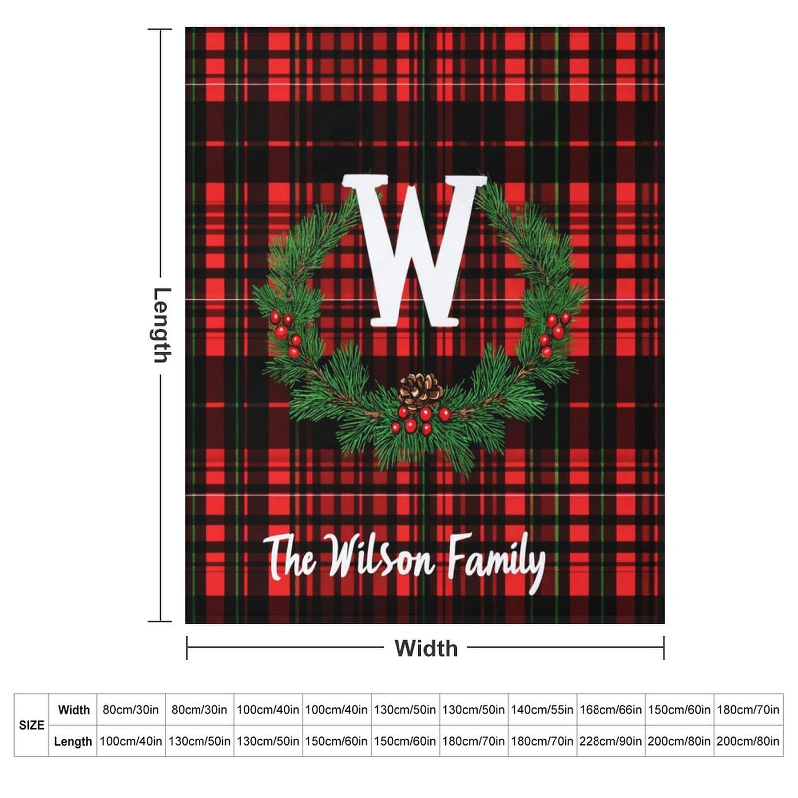 Personalized Family Name Christmas Wreath Blanket - Red Plaid Flannel Throw 40x50 Inches - Ultra Soft Cozy Blanket for Bed, Couch & Car - Perfect Holiday Gift for Women & Family - Great for Winter Snuggling, Home Decor & Christmas Presents