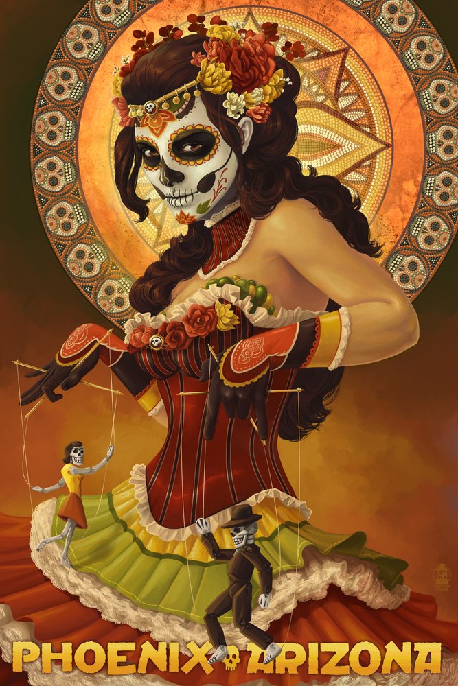 Day of the Dead Marionettes Wall Art - 12x18 Gallery Quality Metal Decor - Phoenix Arizona Inspired Aluminum Art for Halloween, Dia de los Muertos & Southwestern Home Decor