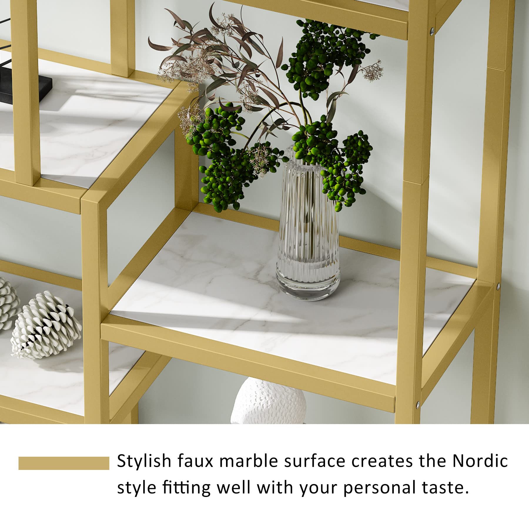 Tribesigns 8-Tier Gold Bookcase with Faux Marble - Modern Open Shelf Book Shelf for Home Office, Living Room & Bedroom - Stylish Storage Organizer for Books, Decor & Display Items