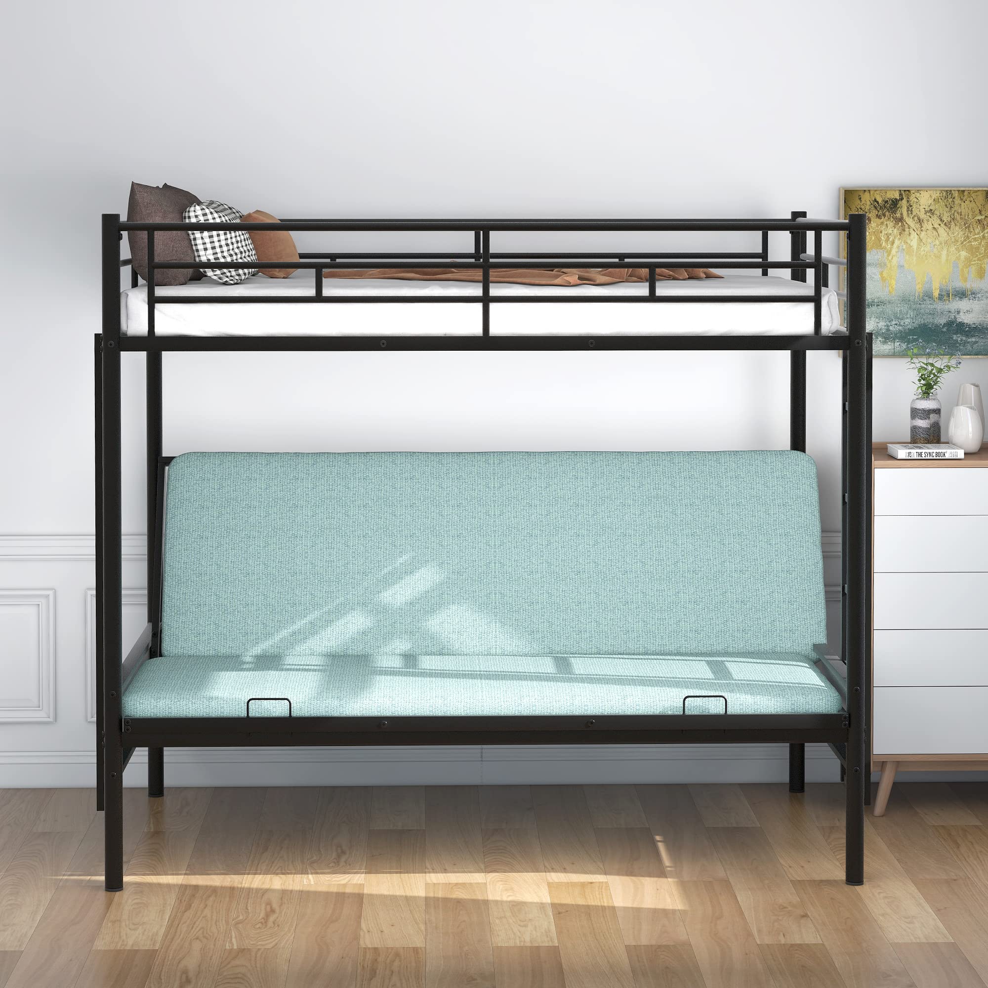 Convertible Metal Bunk Bed Frame - Twin Over Full Size with Ladder | Heavy Duty for Kids, Teens & Adults | Futon to Full Bed Conversion | Perfect for Small Spaces, Guest Rooms & Dormitories