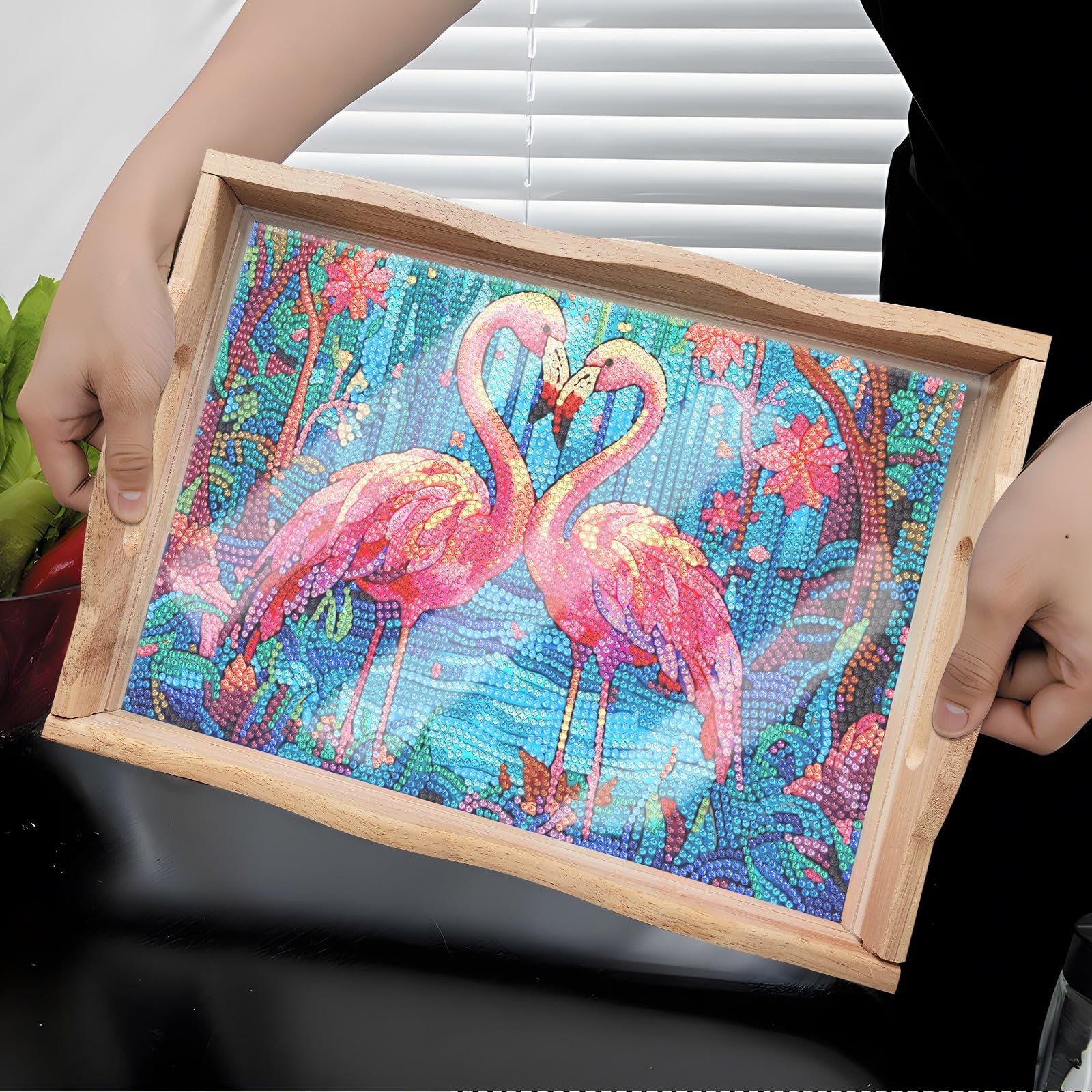 Handmade Diamond Art Wooden Tray - DIY Dot Drilled Rectangle Serving Tray for Restaurant, Snacks, Tea & Coffee | Flamingo Design | Perfect for Home Decor, Gift Giving & Craft Projects