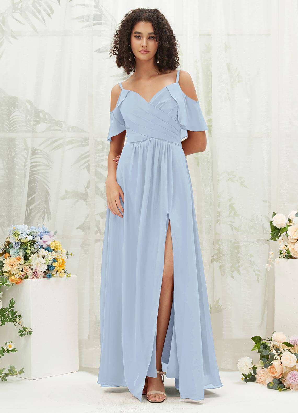 Cornflower Blue Chiffon Ruffle Cold Shoulder Sweetheart Bridesmaid Dress - Elegant Wedding Party Gown for Bridesmaids, Formal Events & Special Occasions