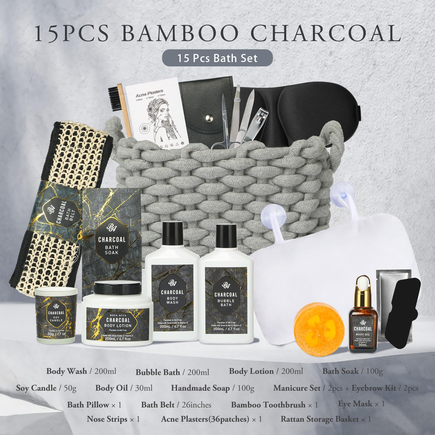 Premium 15-Piece Spa Gift Set for Men & Women - Bamboo Charcoal Scented Body Wash, Bubble Bath, Bath Soak & Manicure Kit | Luxury Birthday Gifts for Him, Dad, Boyfriend | Relaxing Home Spa Experience & Self-Care Essentials