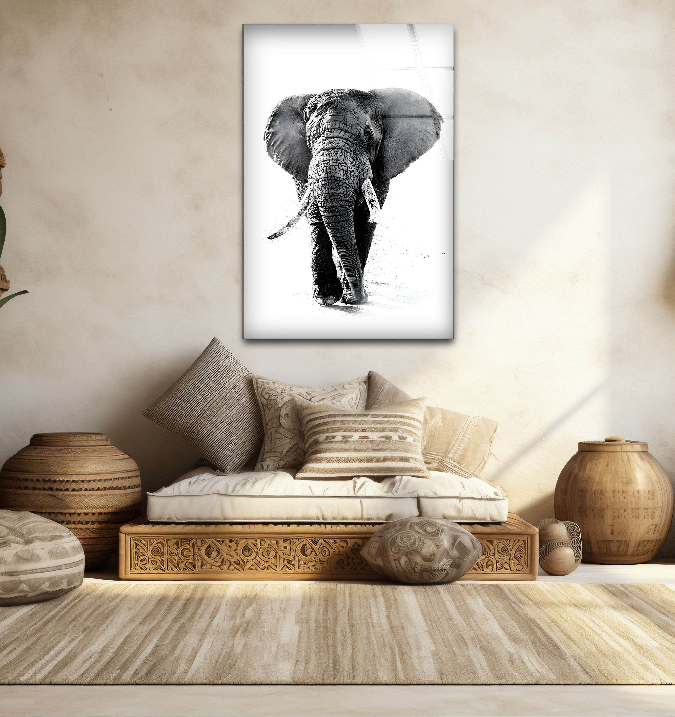 Elegant Black and White Majestic Elephant Glass Wall Art - Handmade Home Decor for Living Room, Bedroom, or Office - Perfect Gift for Elephant Lovers