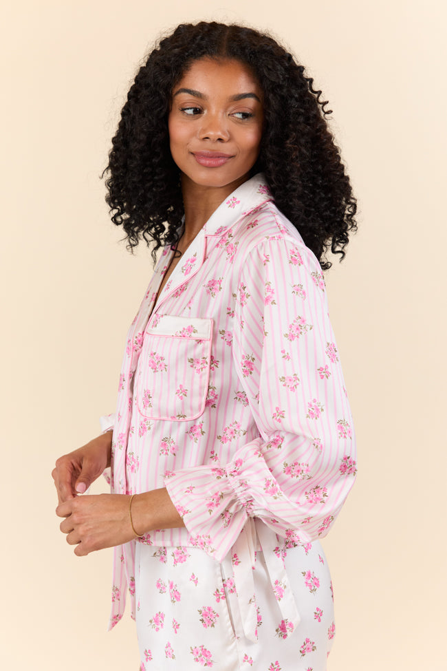 Sleep On My Side Pink Floral Satin Long Sleeve Pajama Top for Women - Soft & Comfortable Sleepwear for Nighttime Relaxation & Cozy Bedtime