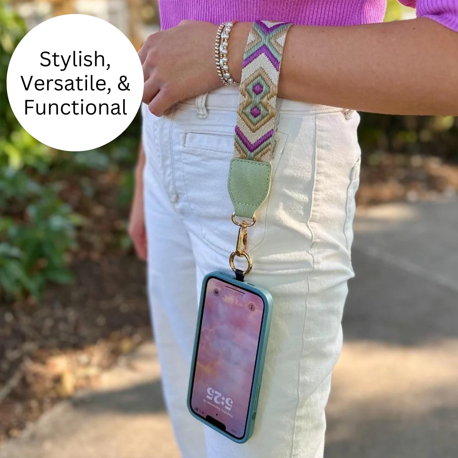 Original Clip and Go Phone Strap (Green/Purple Pattern) - Crossbody Phone Lanyard with Zipper Wallet Pouch - Hands-Free Phone Holder for Travel, Shopping, and Outdoor Activities