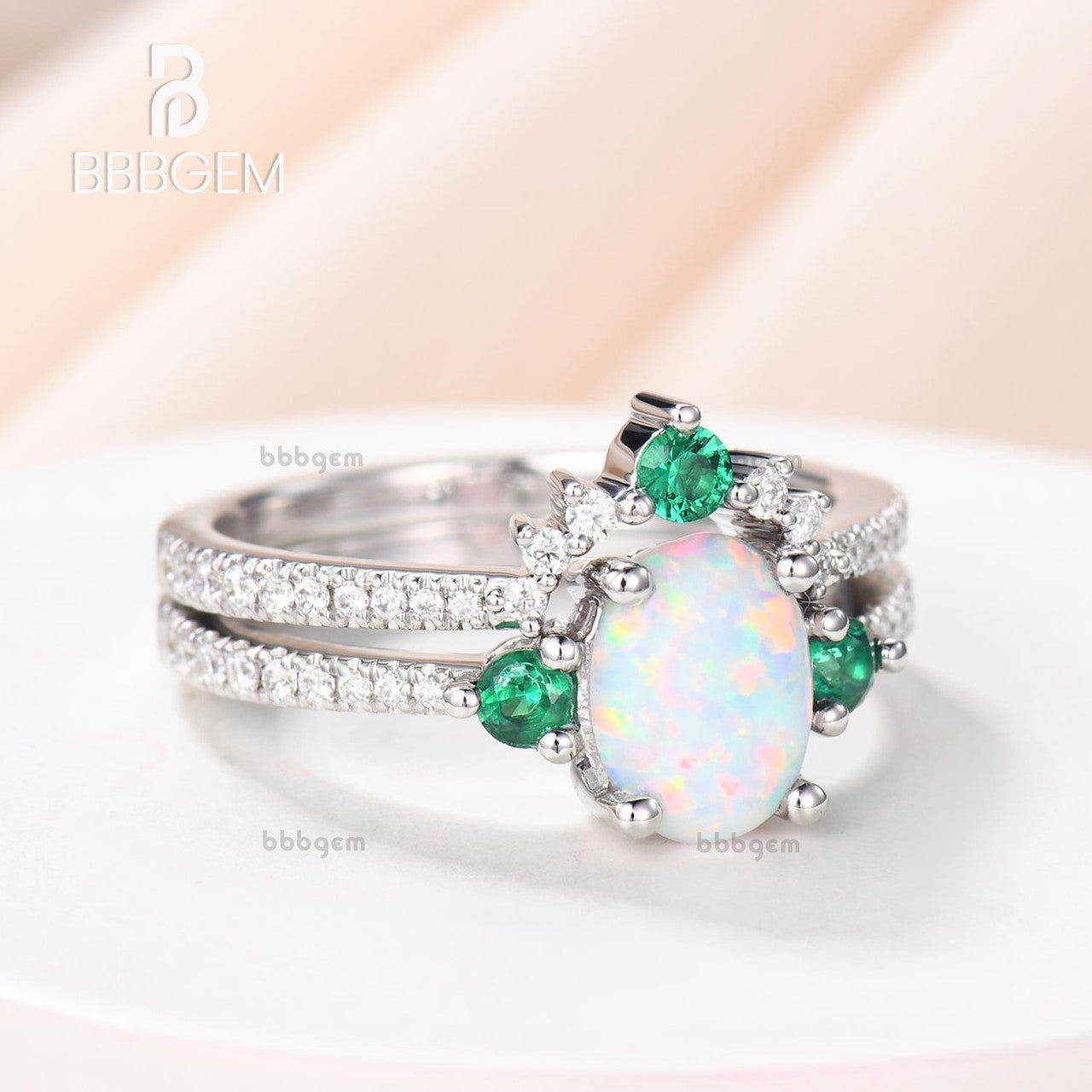 Antique Diamond & Emerald Engagement Ring Set with Lab Opal Bridal Wedding Band - Vintage Style for Bridal Jewelry, Wedding Proposal & Anniversary Gifts