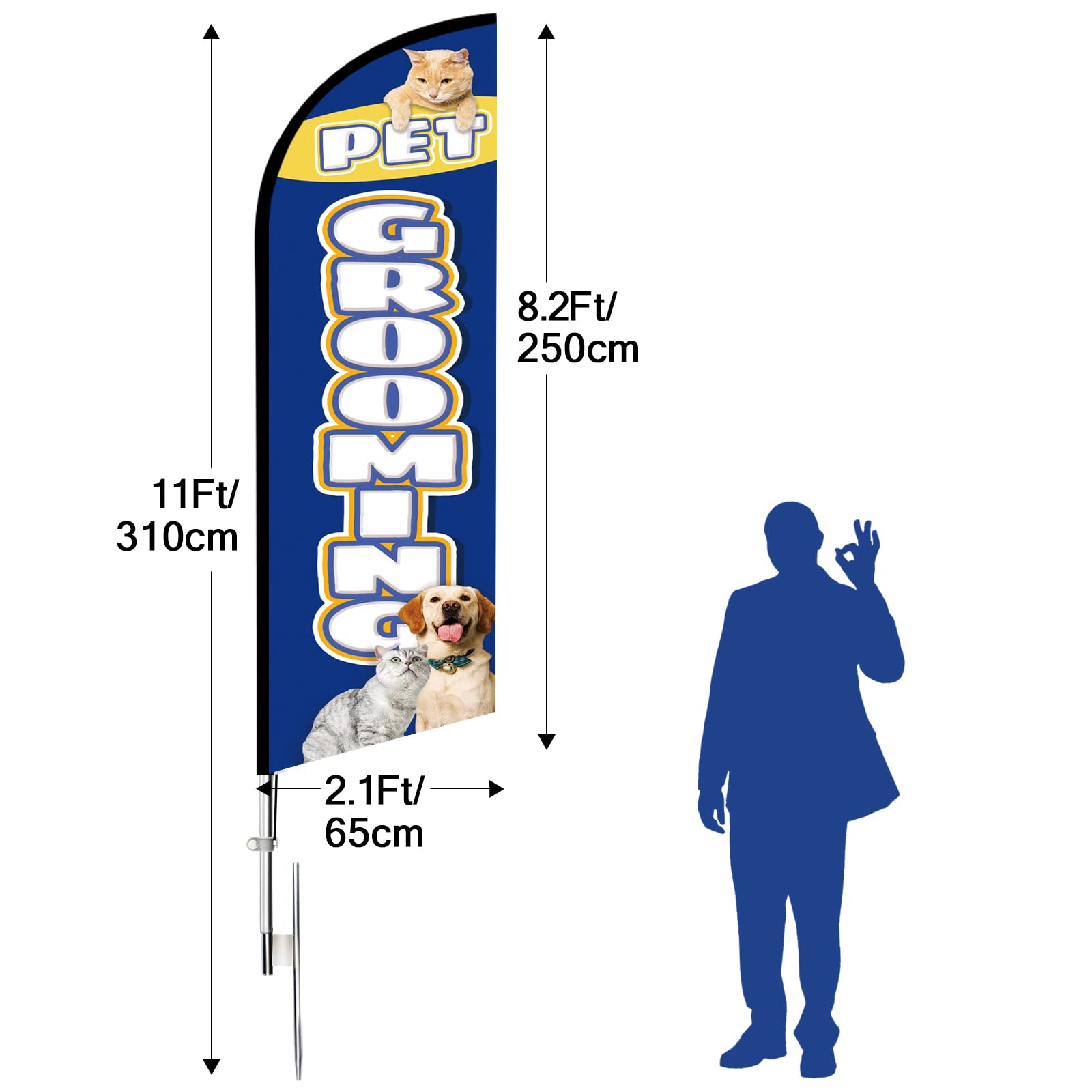 11FT Pet Grooming Feather Flag Kit - Advertising Sign for Pet Stores & Grooming Businesses - Outdoor Use