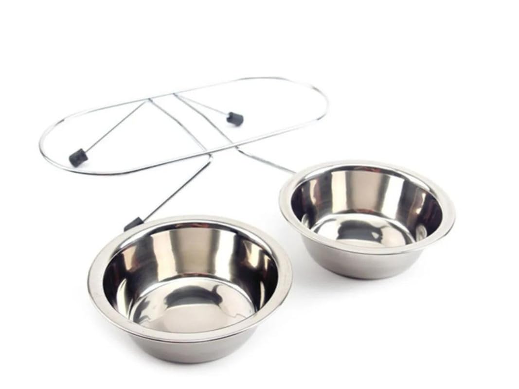 PSK PET MART Stainless Steel Double Dog Bowl with Iron Stand - Non-Slip Pet Food and Water Feeder for Dogs & Cats | Perfect for Home, Travel, and Outdoor Use