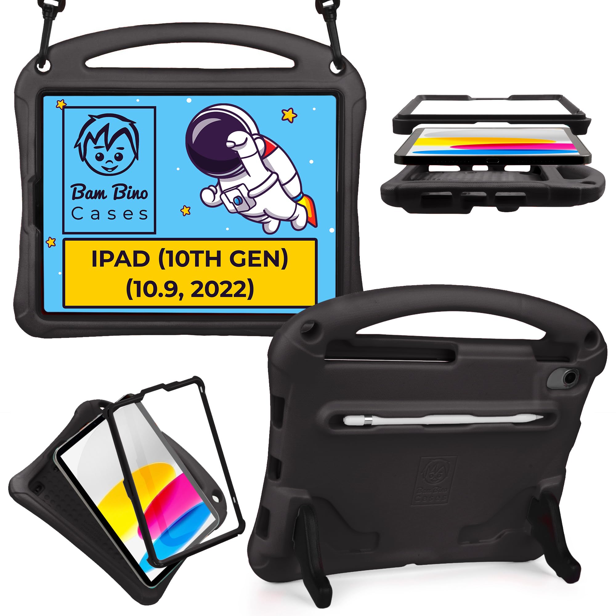 Bam Bino Space Suit Protective Case for iPad 10th Generation - Shockproof Kids Case with Built-in Screen Protector, Adjustable Handle, Stand, Shoulder Strap & Apple Pencil Holder | Perfect for School, Travel & Play (Cosmic Black) - Not Compatible with iPad Air 5/4